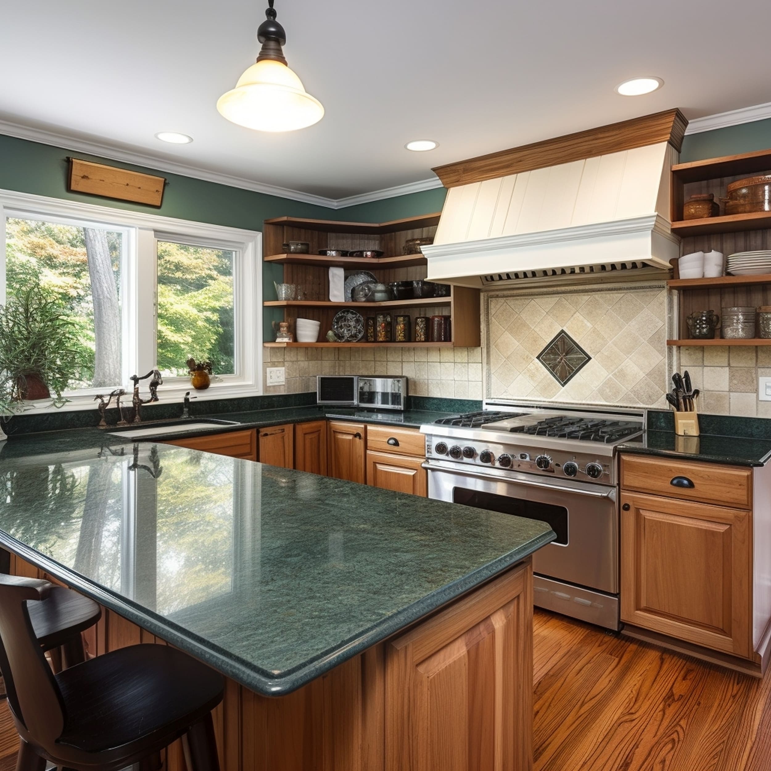 Kitchen With Green Granite Countertops and Matching Backsplash in a Beige Tone