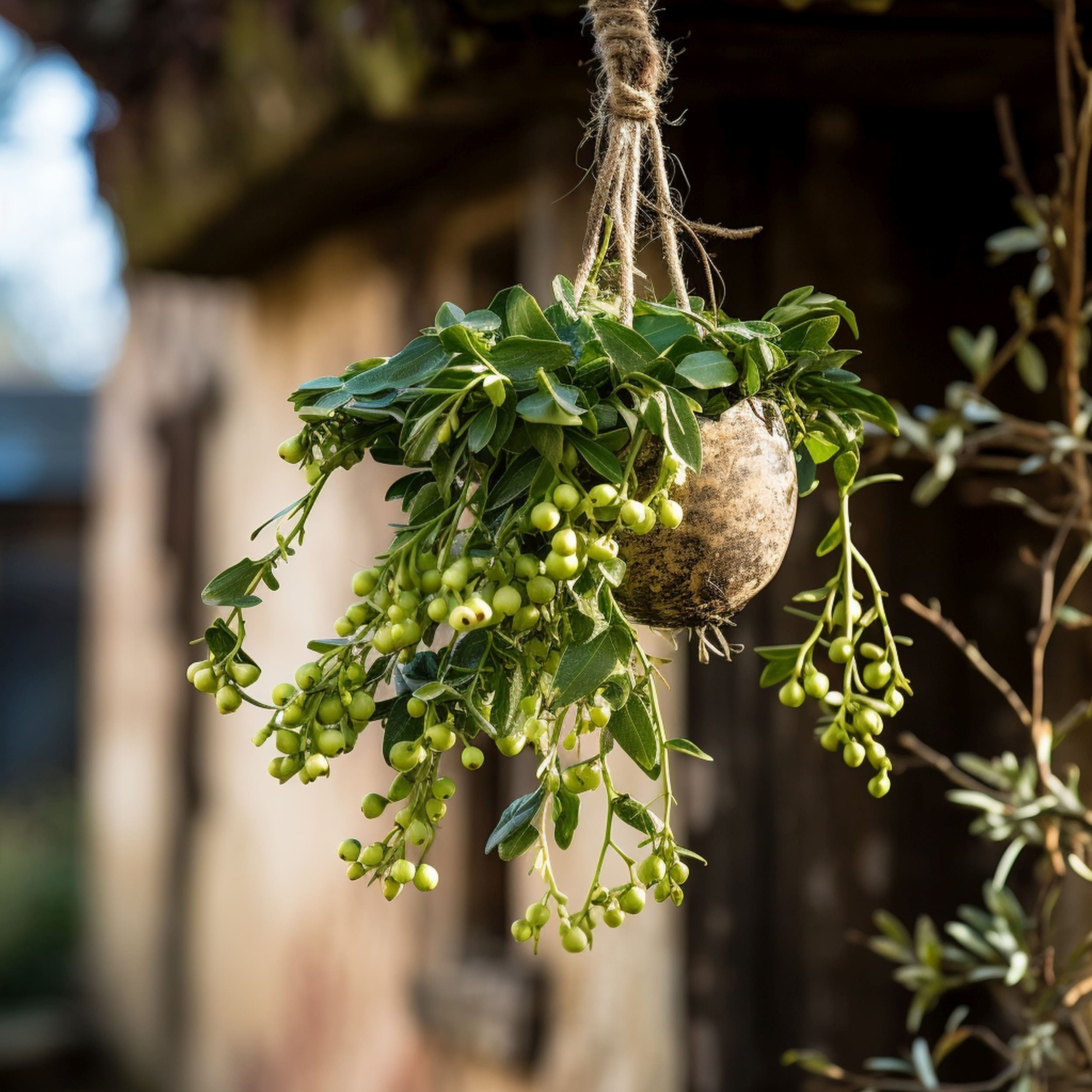 Mistletoe Hanging Upside Down in Front of a House