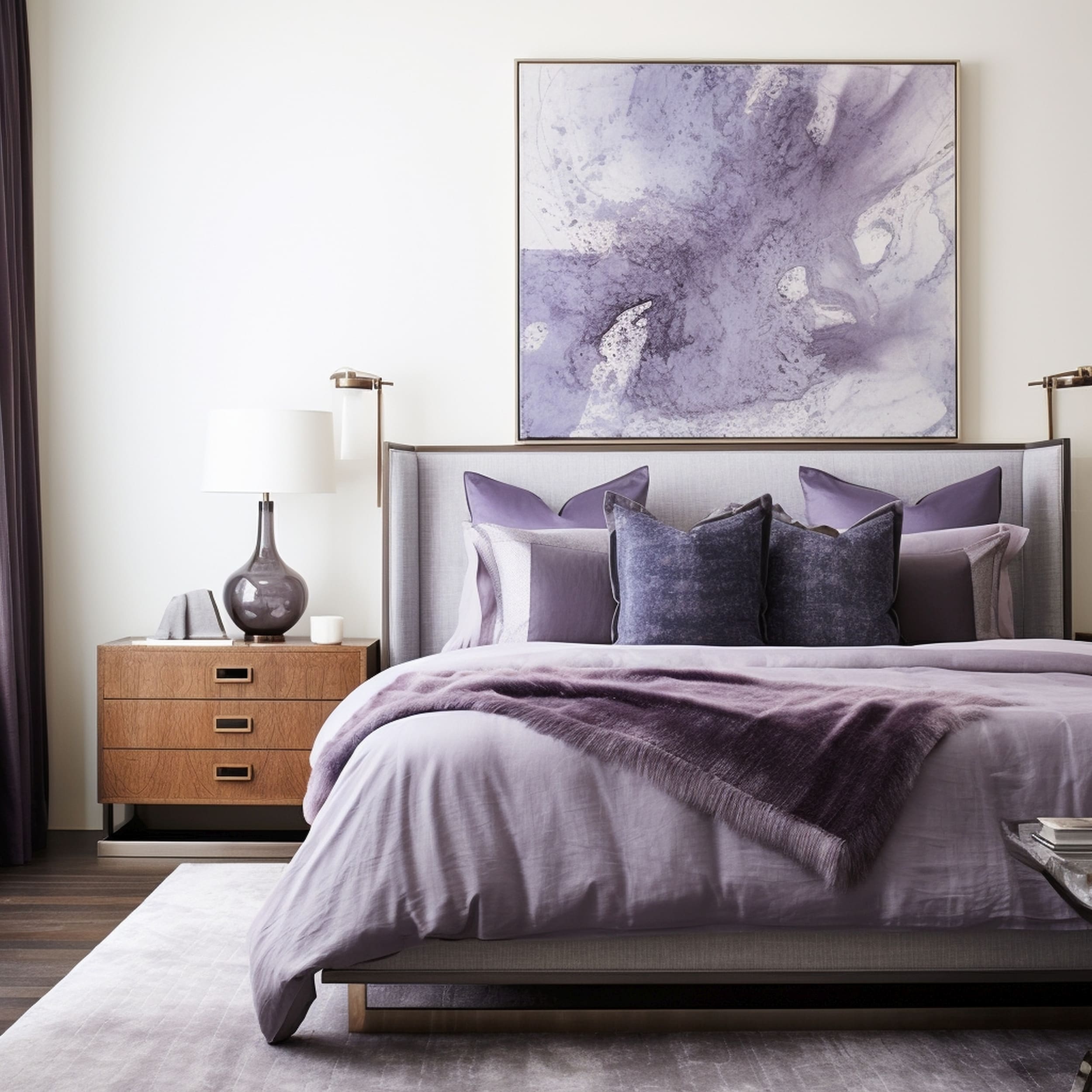 Modern Bedroom With Purple Bedding Accessories and A White Area Rug