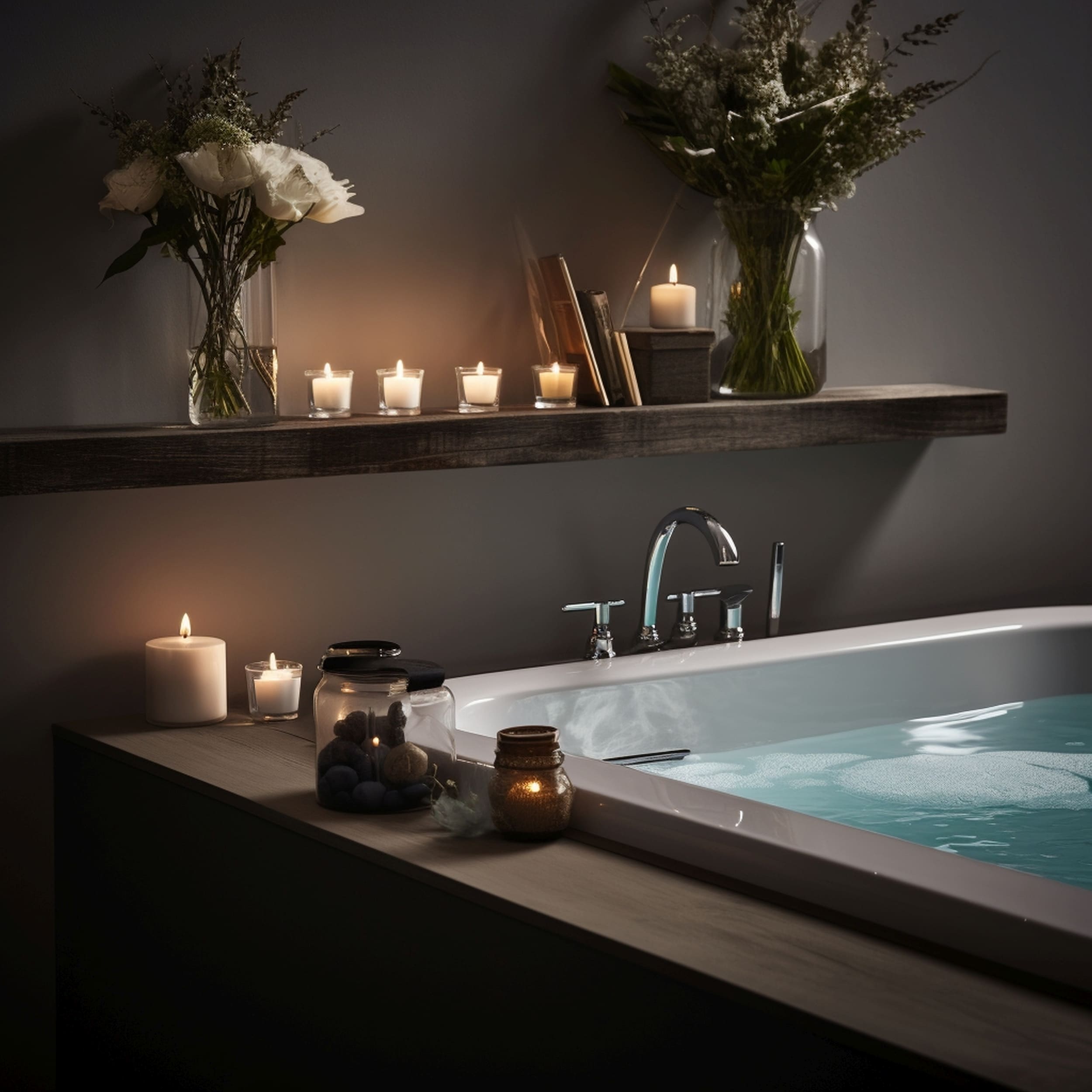 Scented Candles on a Bathroom Shelf Next to a Modern Bathtub