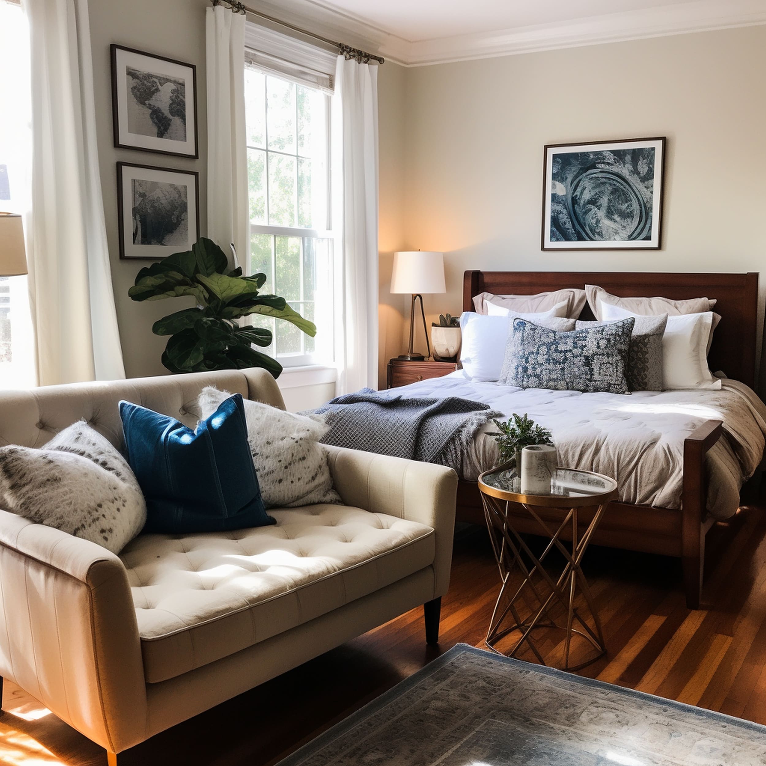 A Bedroom With a Beige Couch at the Foot of the Bed