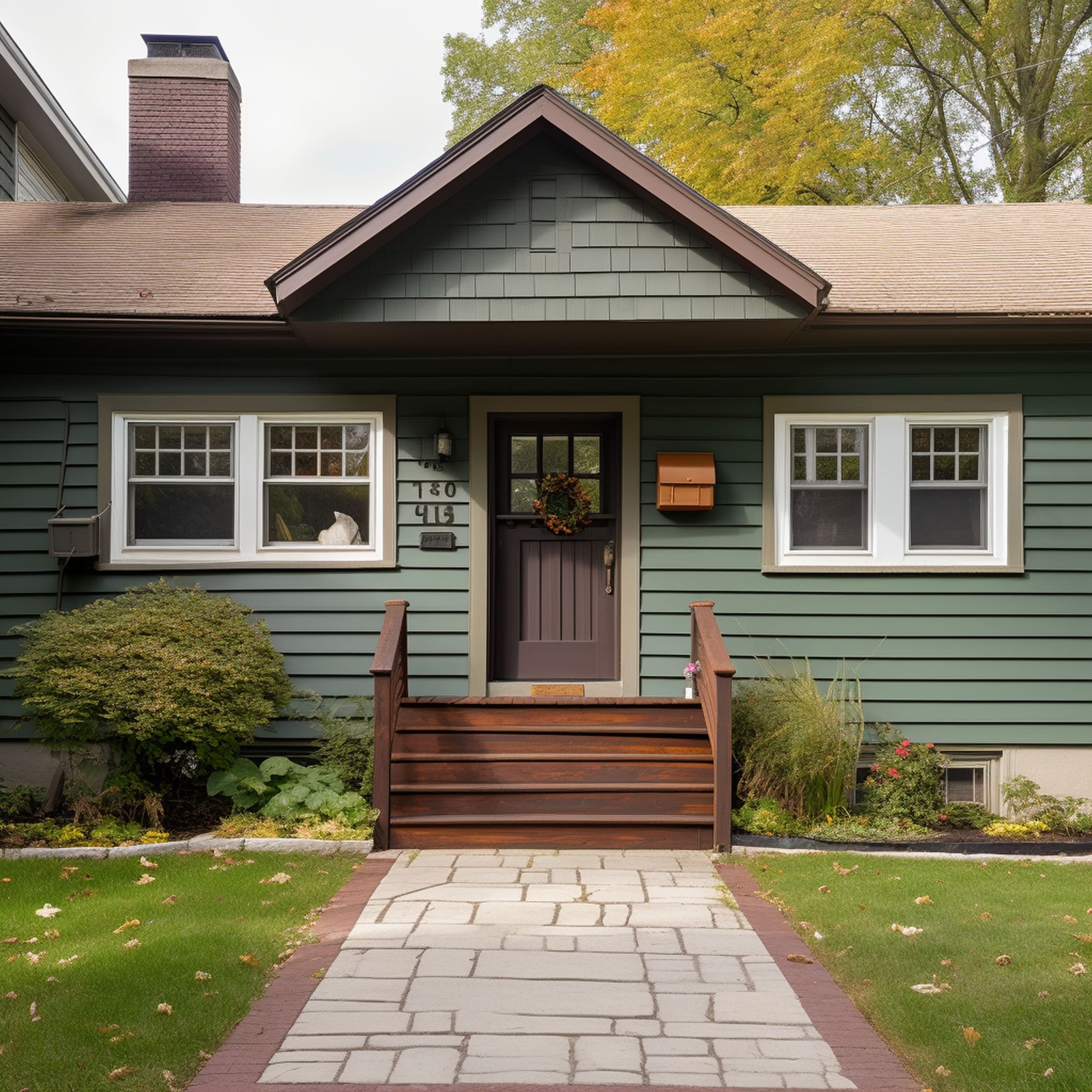 A Green House With a Dark Brown Front Door