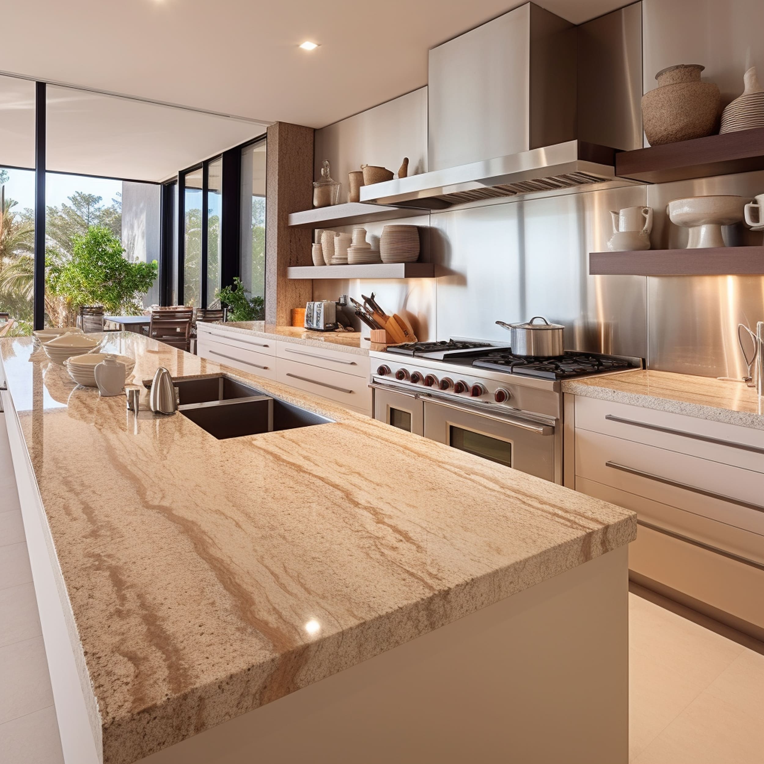 A Modern Kitchen With Beige Countertops and Stainless Steel Appliances