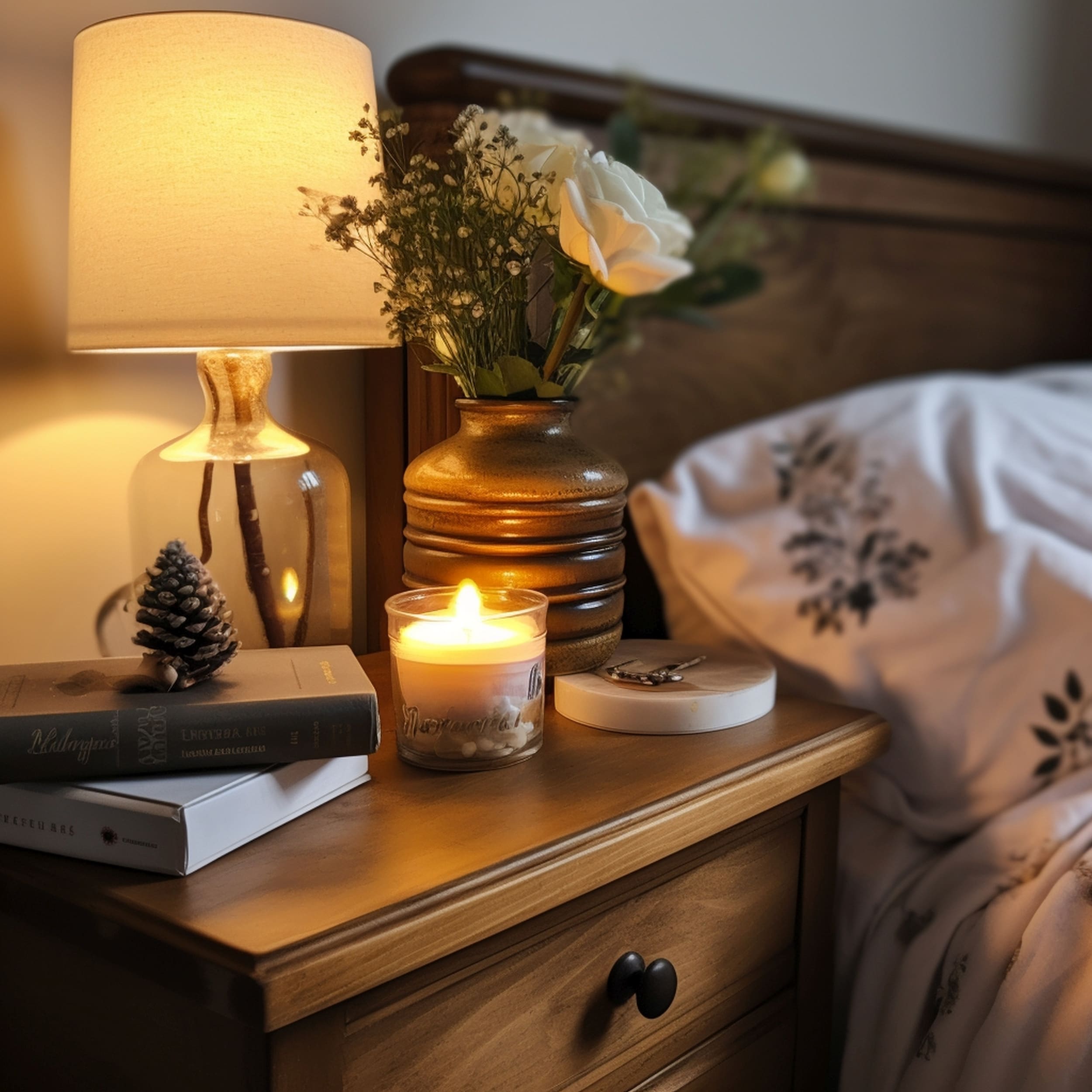 A Scented Candle on Nightstand Next to Books and a Flower Vase