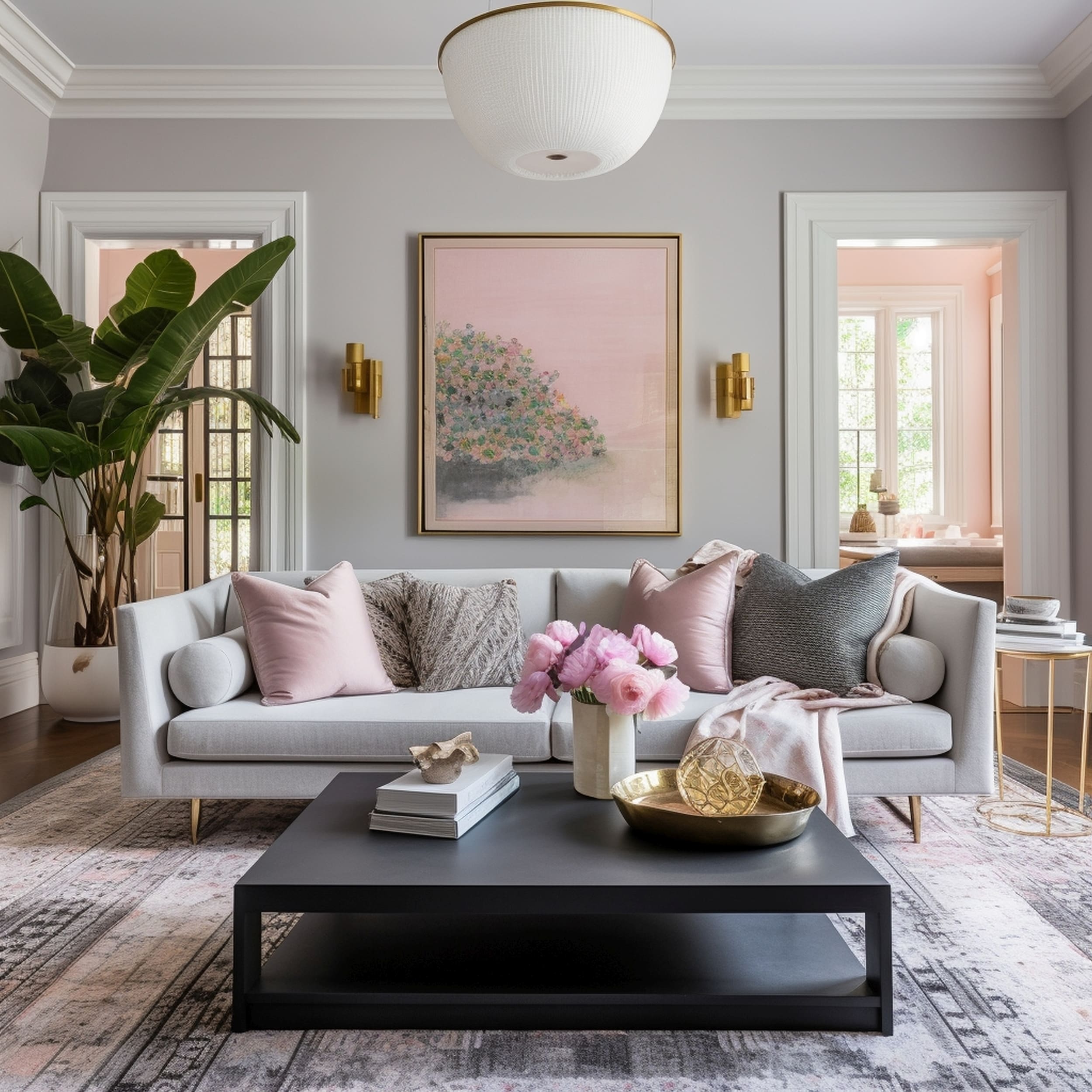 Feminine Living Room Featuring a Gray Couch With Pink Throw Pillows