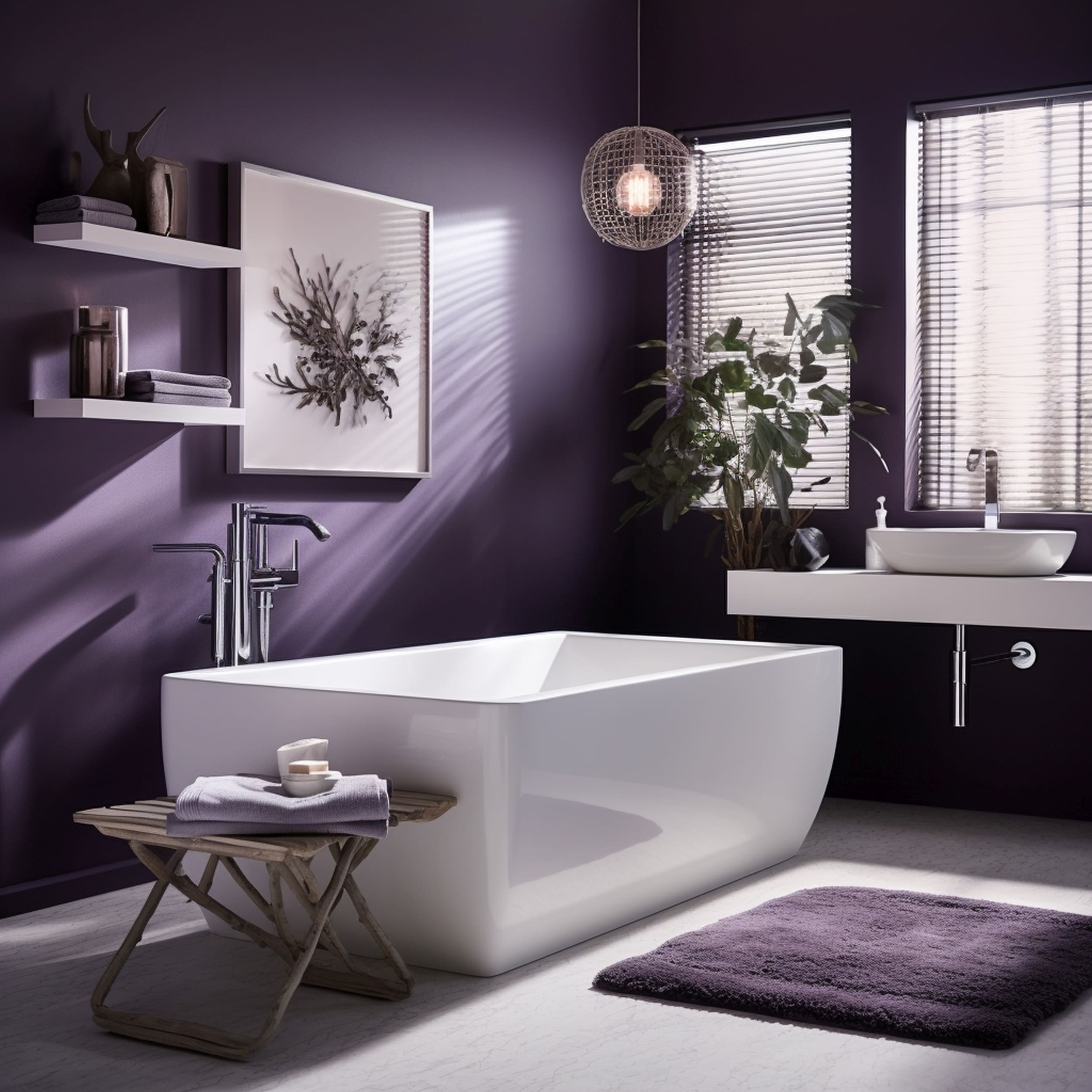 Purple Bathroom With a Standalone Bathtub and Open Shelves