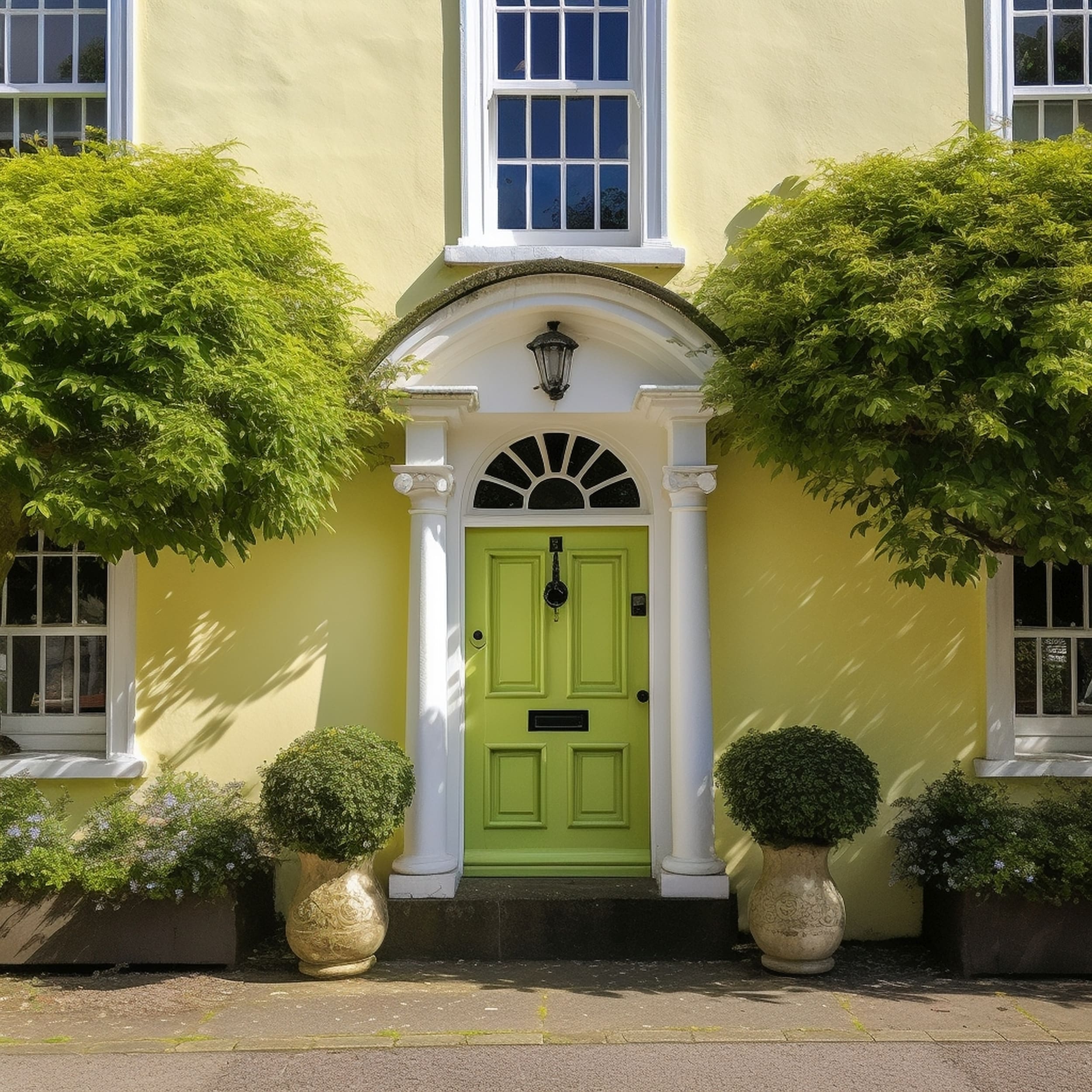 Traditional House With a Pale Yellow Design and a Lime Green Front Door