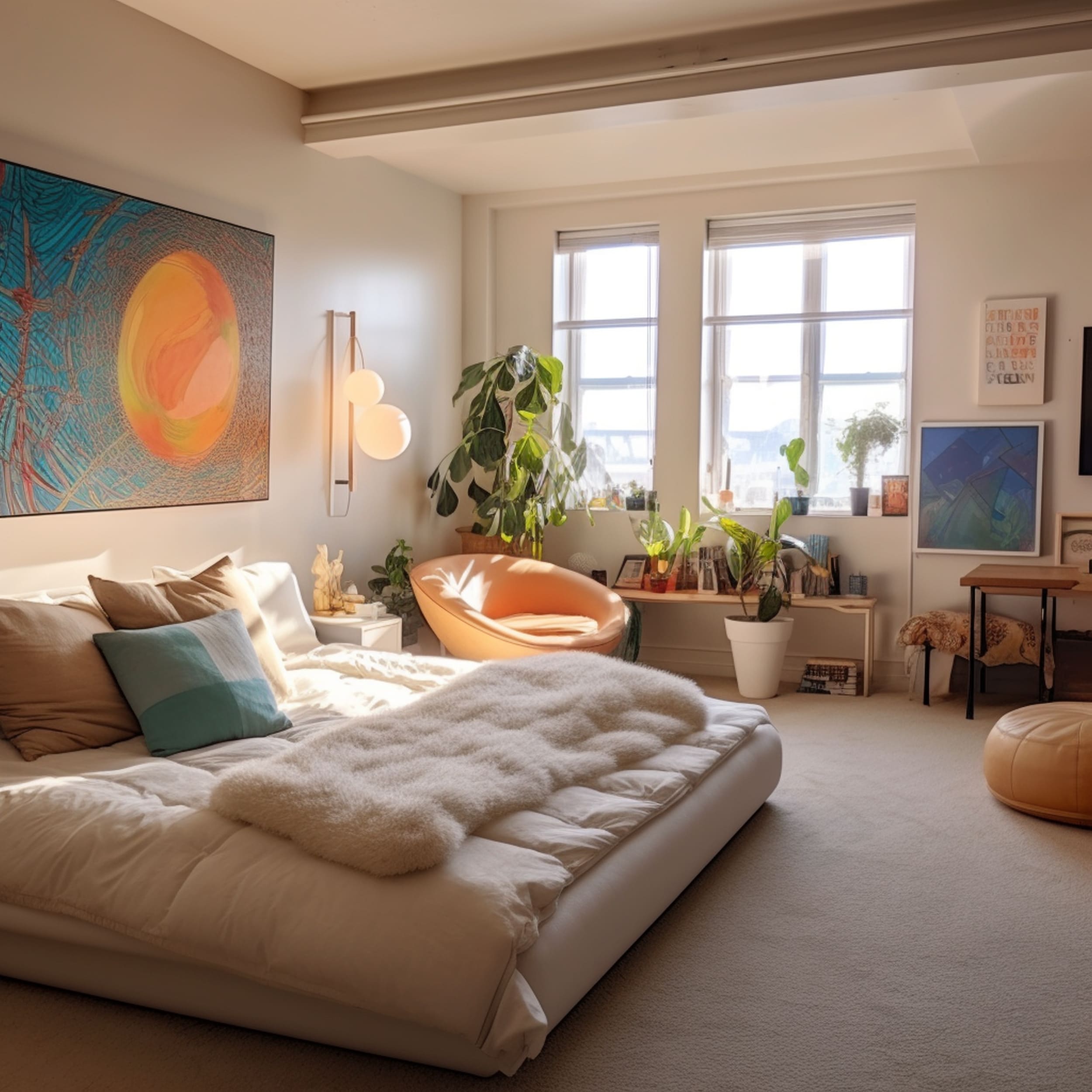 A Bedroom With a Small Orange Couch in the Corner