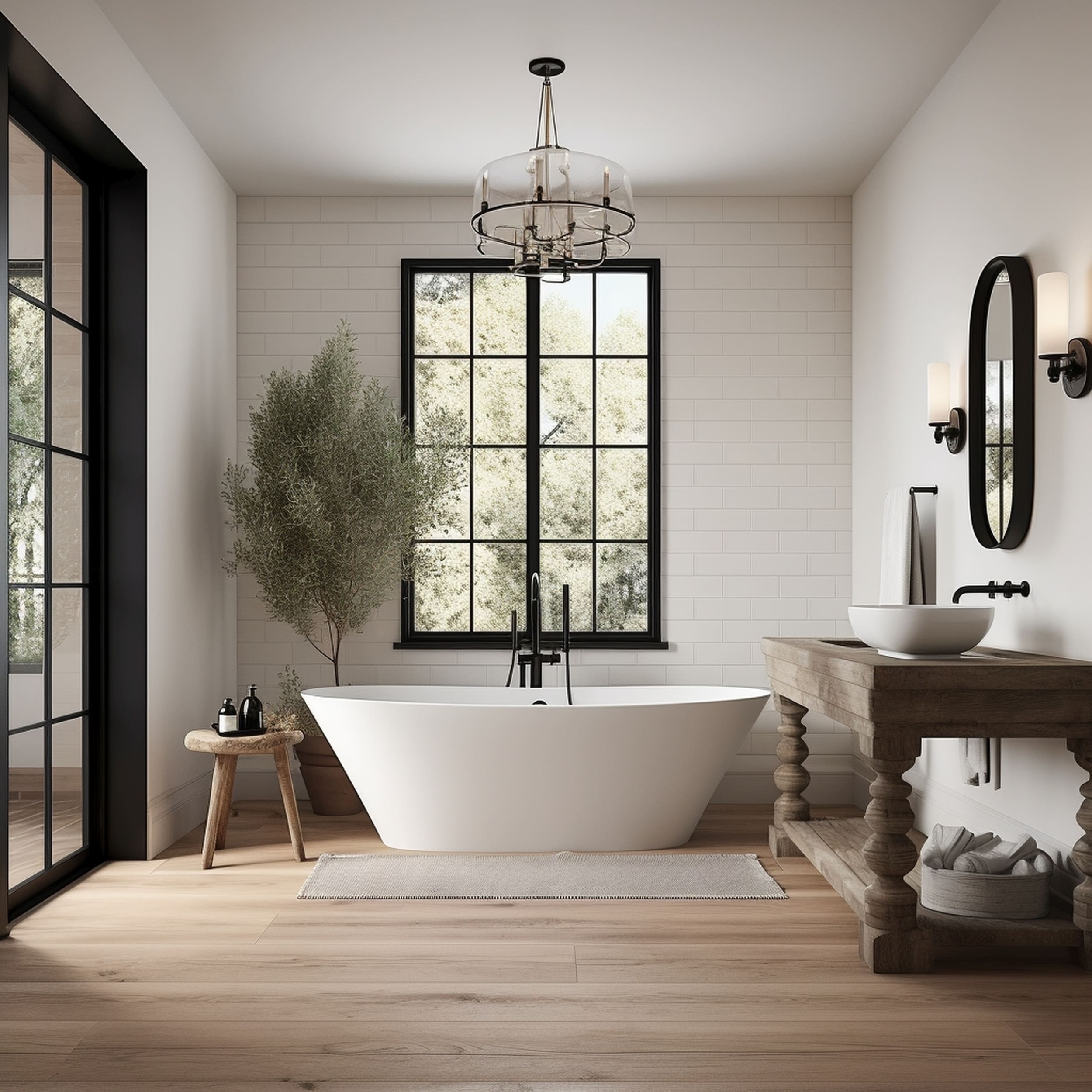 A Farmhouse Bathroom With Matte Black Fixtures and a Standalone Bathtub