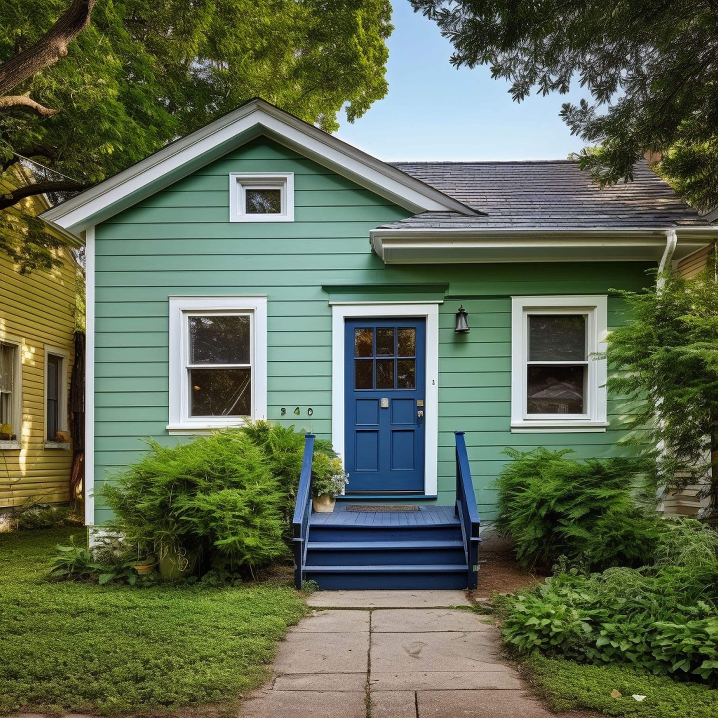 A Green House With a Blue Front Door