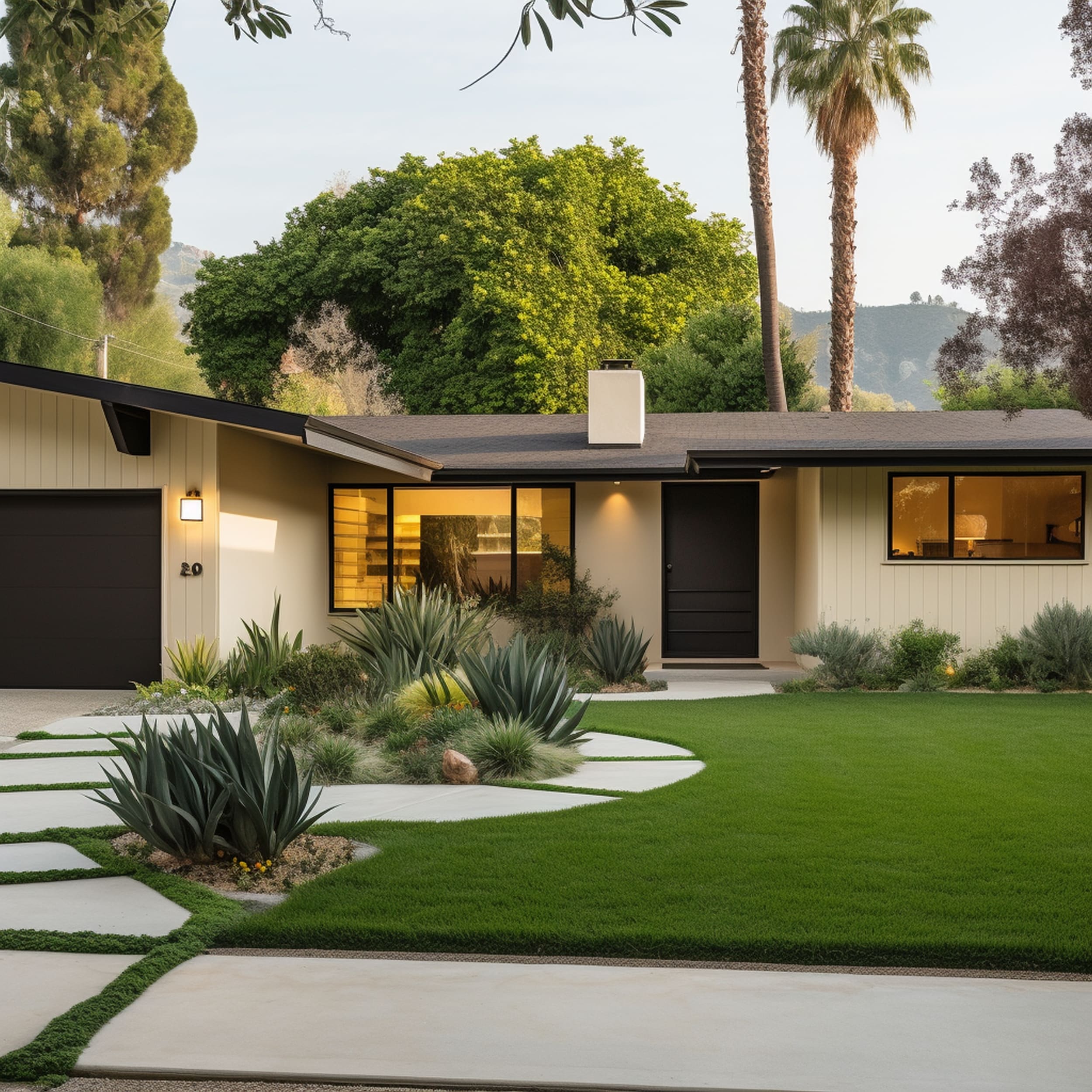 A Midcentury Modern House With a Black Roof and Cream Toned Siding