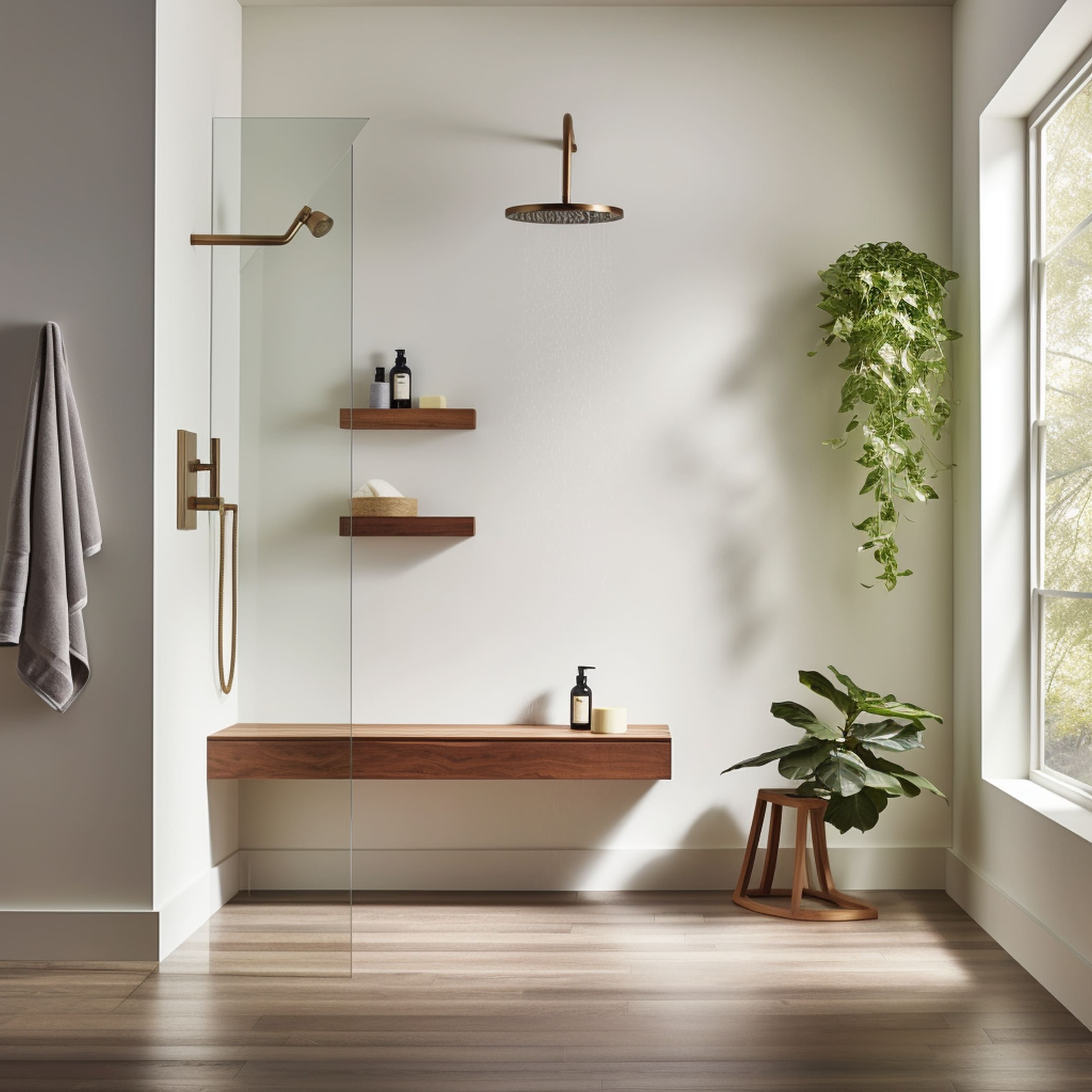 A Modern Shower With a Small Floating Bench and Plants