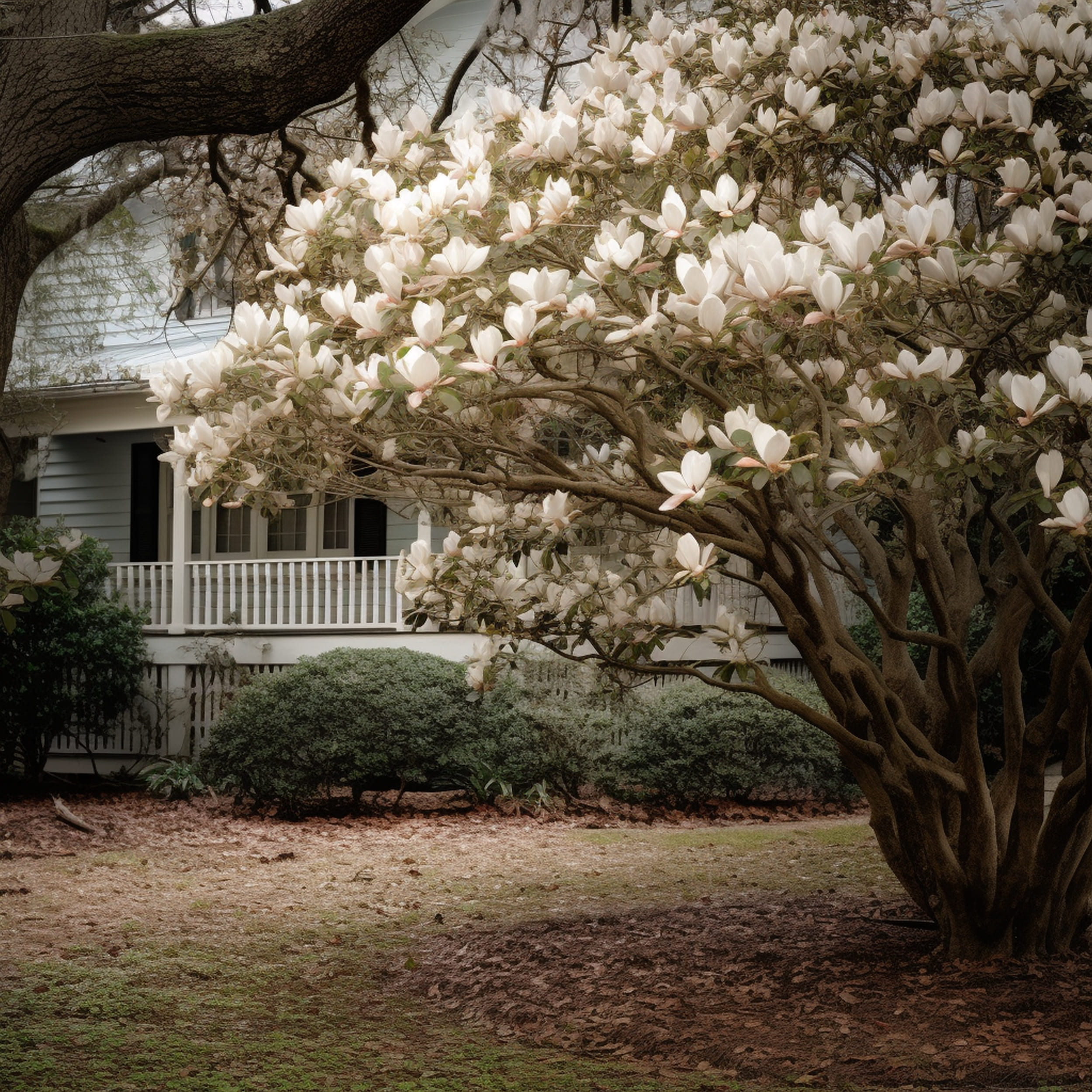 A Southern Magnolia Tree in a Yard