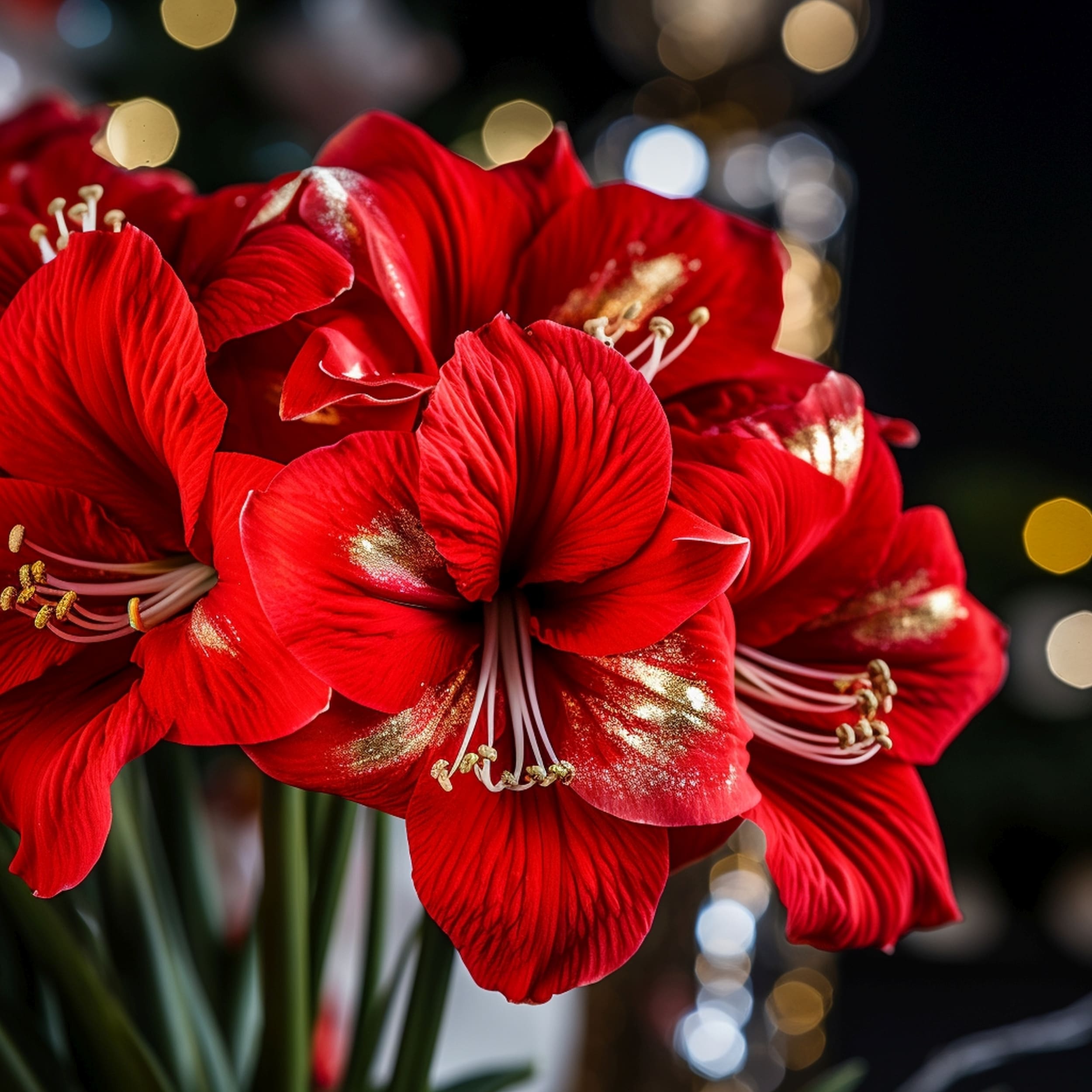 Close Up of an Amaryllis Plant With Blurry Lights in the Background