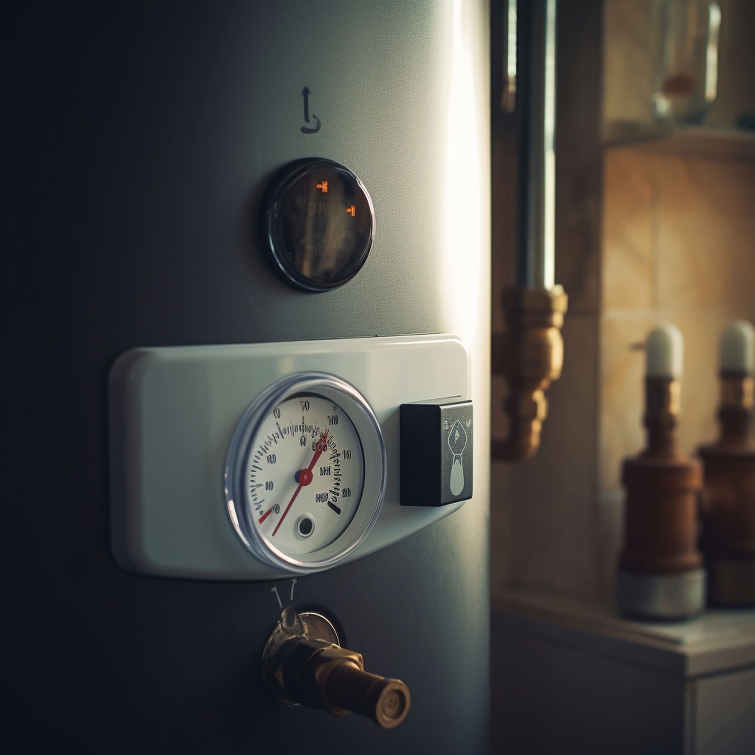 Close up of a Pressure Gauge From a Water Heater Installed in a Kitchen