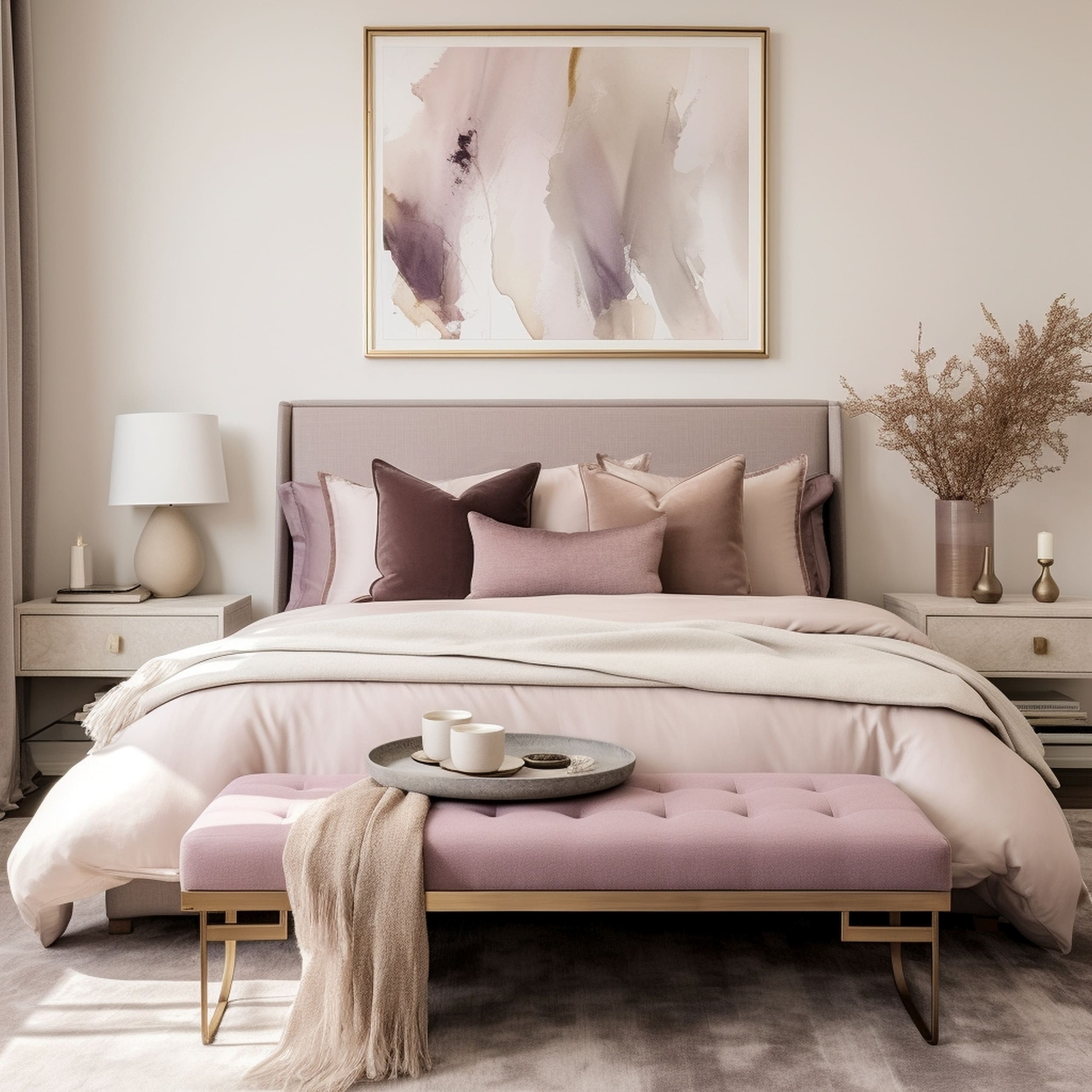Elegant Bedroom Featuring Pale Purple Tones on the Bed Bench Upholstery and Wall Art