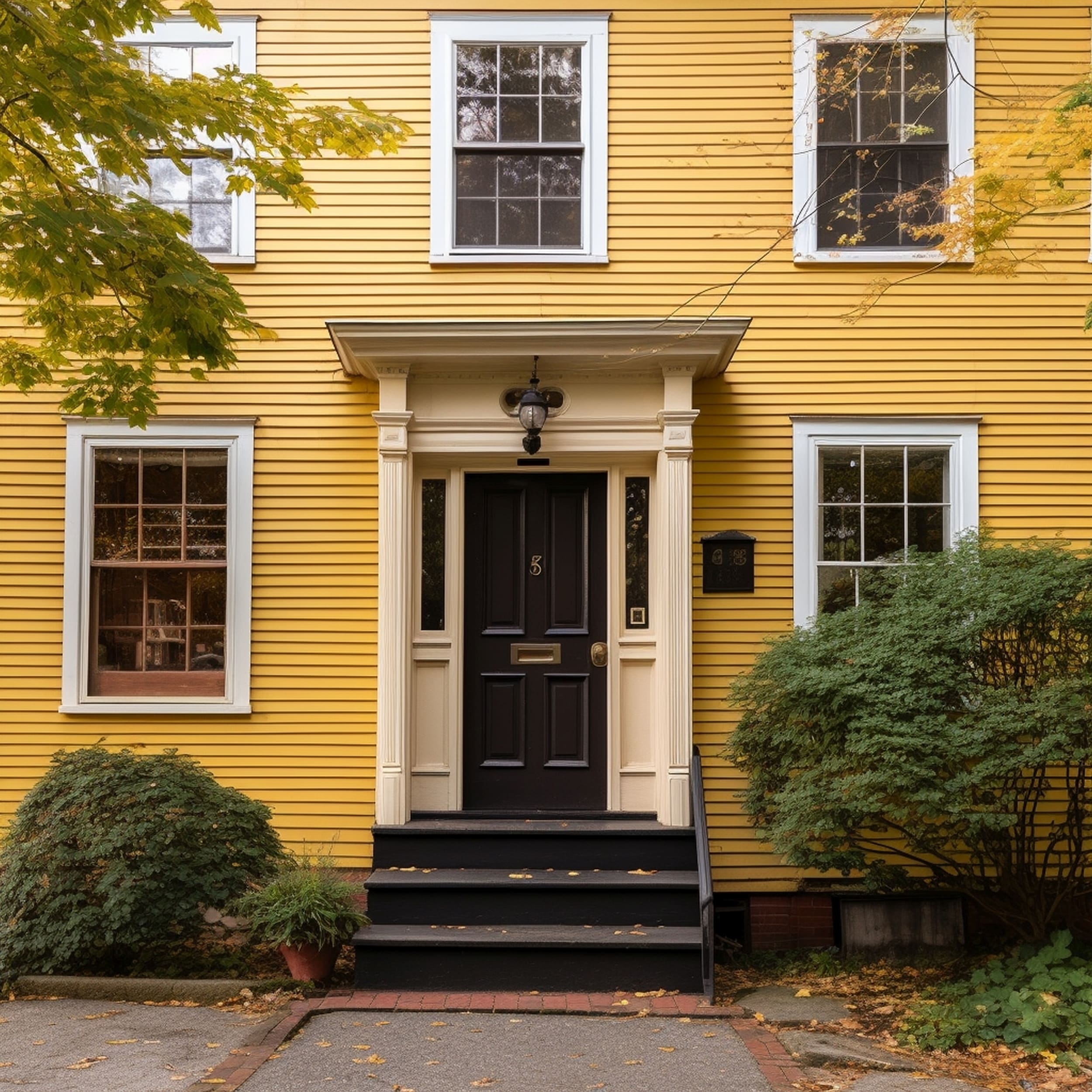 Modern House With Yellow Siding And a Dark Brown Front Door
