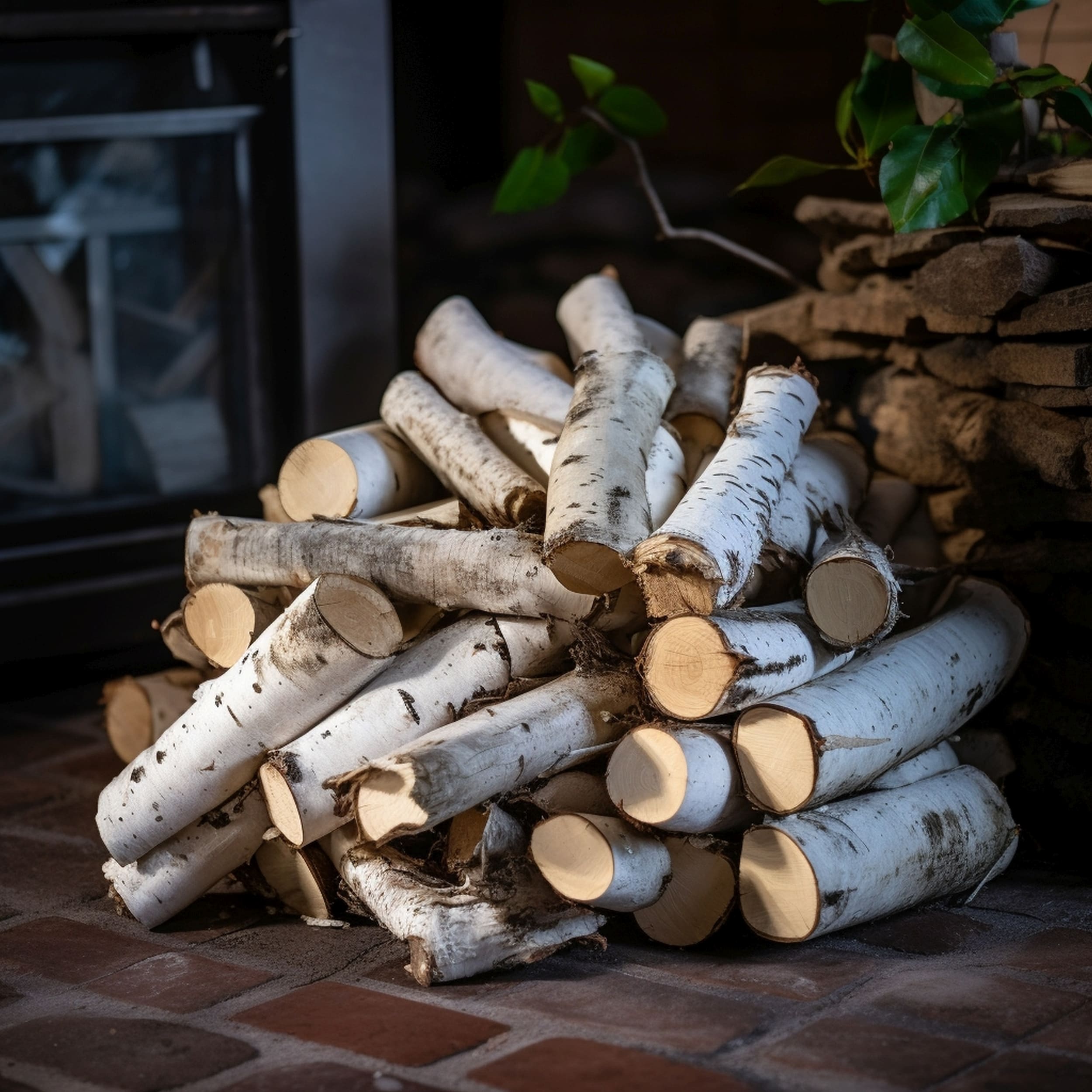 Pile of Birch Firewood Sitting Next to a Fireplace