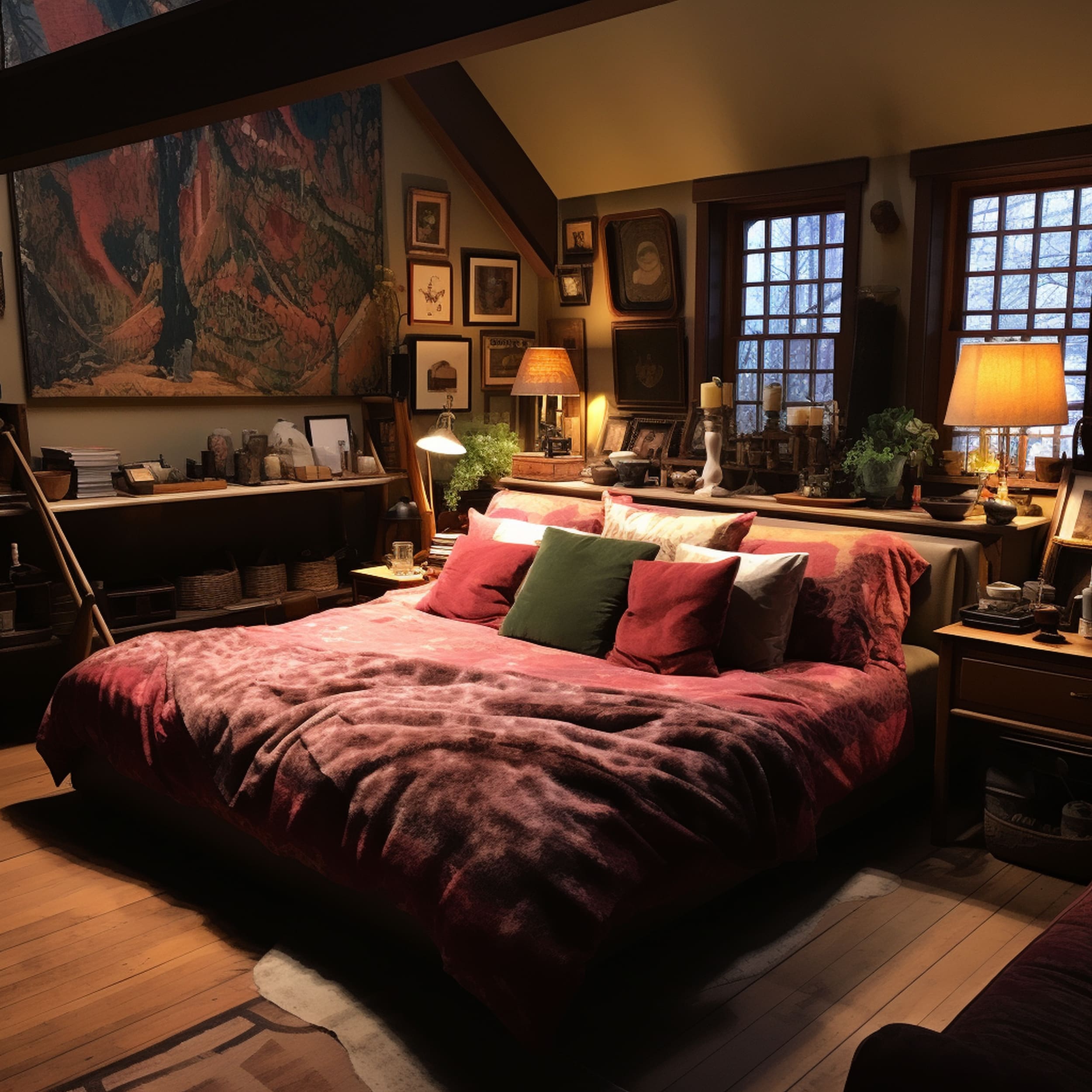 A Bedroom With a Dark Red Couch Besides the Bed