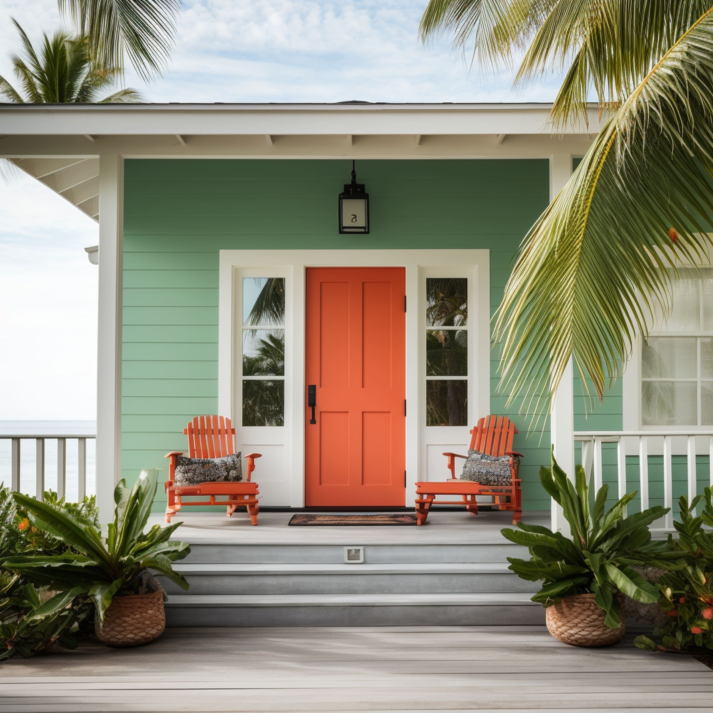 A Green House With a Coral Orange Front Door