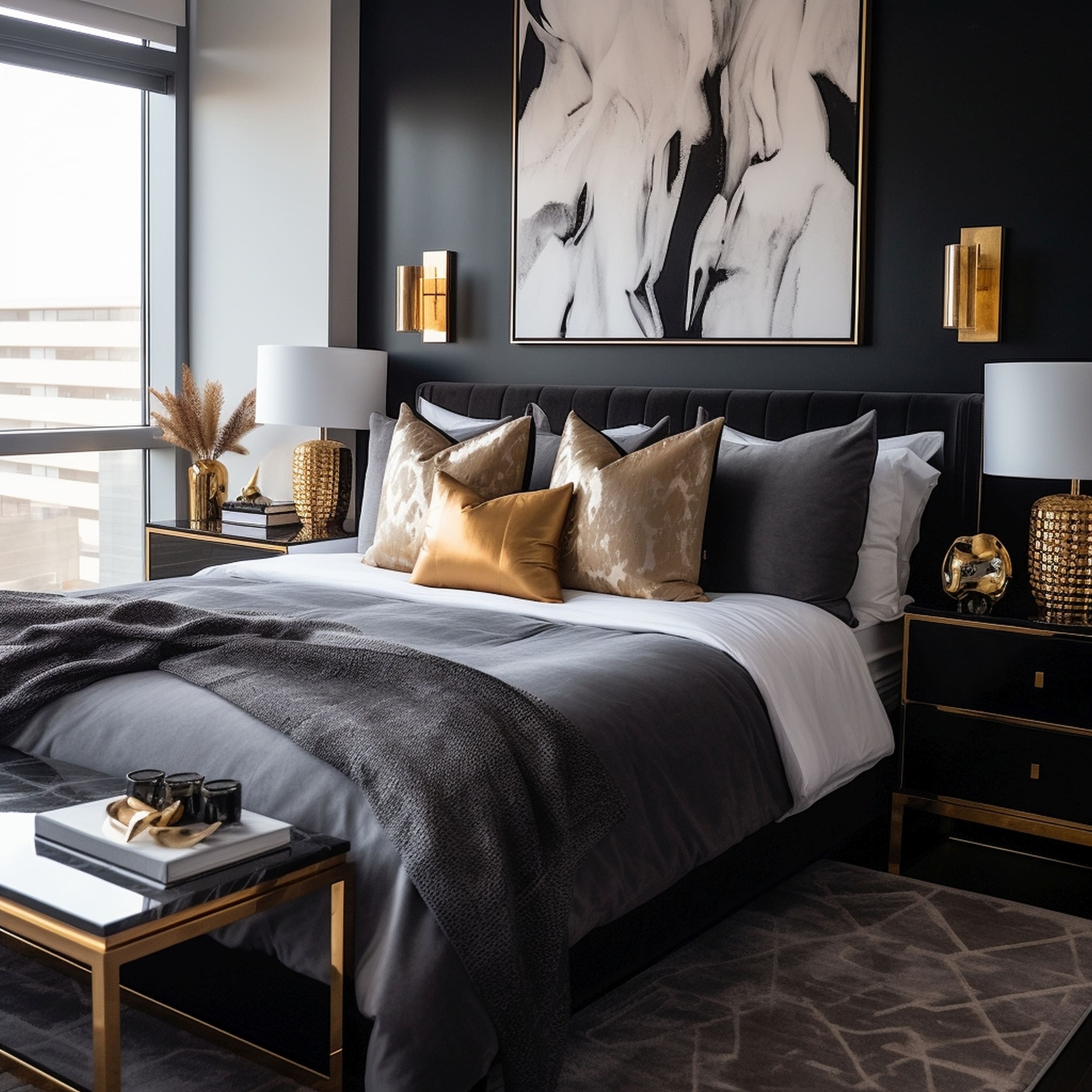A Masculine Bedroom With Classy Gold Metallics in a Dark Color Scheme