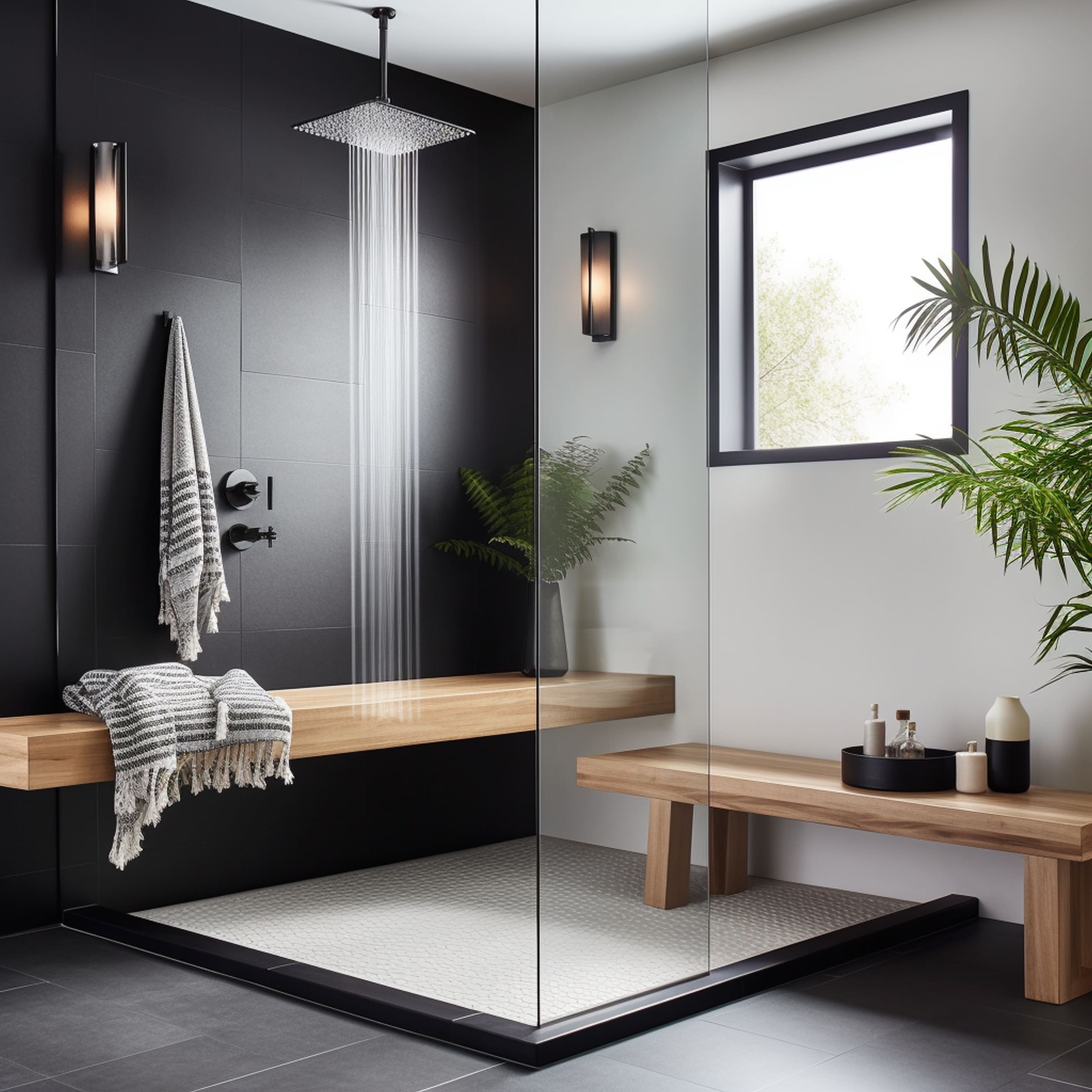 A Modern Shower With a Wooden Floating Bench and a Black and White Interior