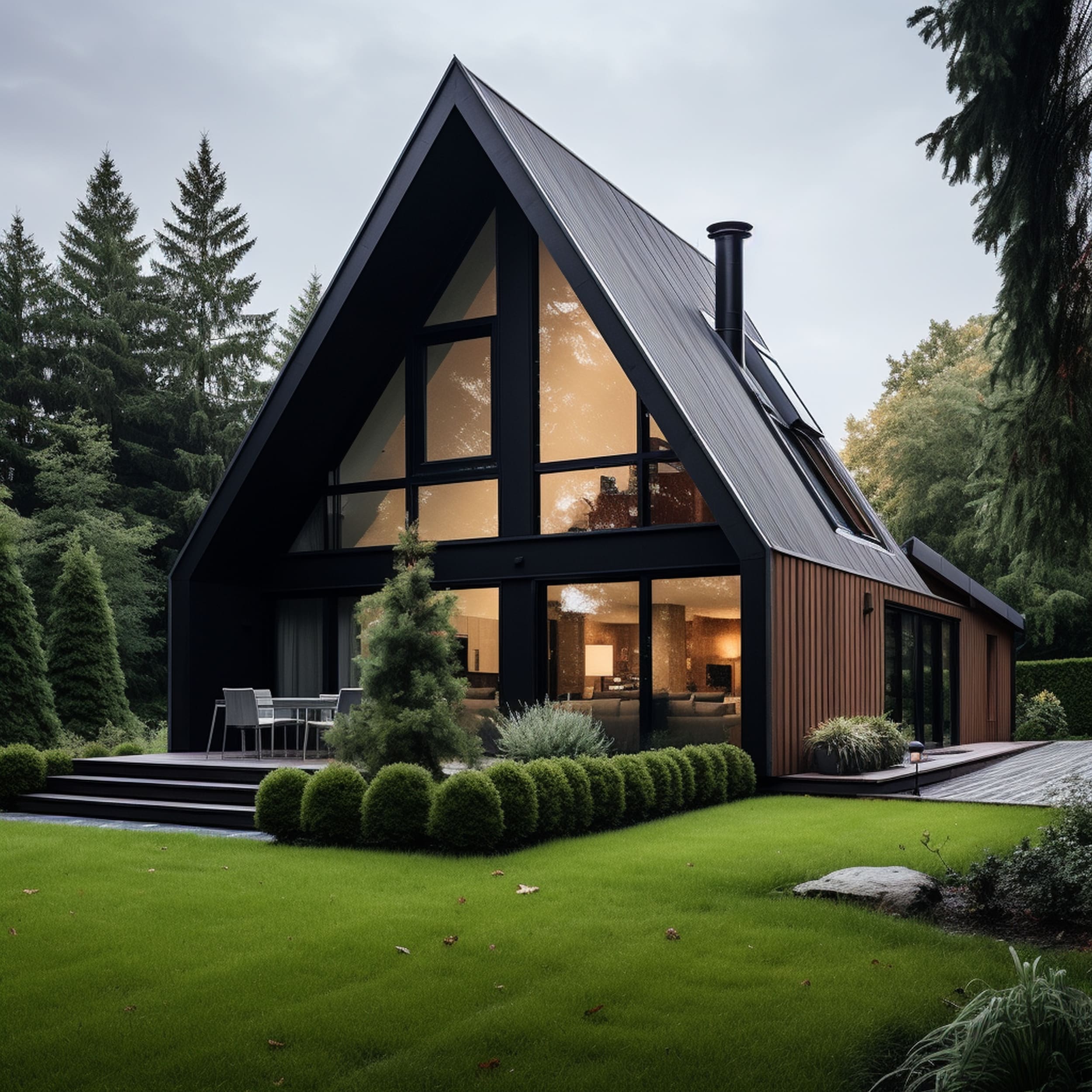 A Scandinavian House With a Black Roof and Brown Siding