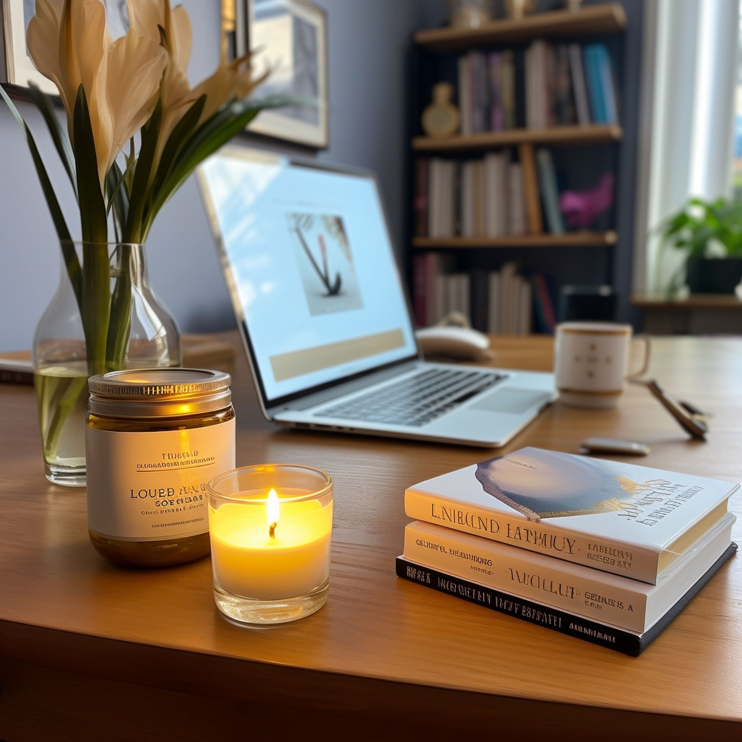 A Scented Candle on a Home Office Desk Next To a Laptop