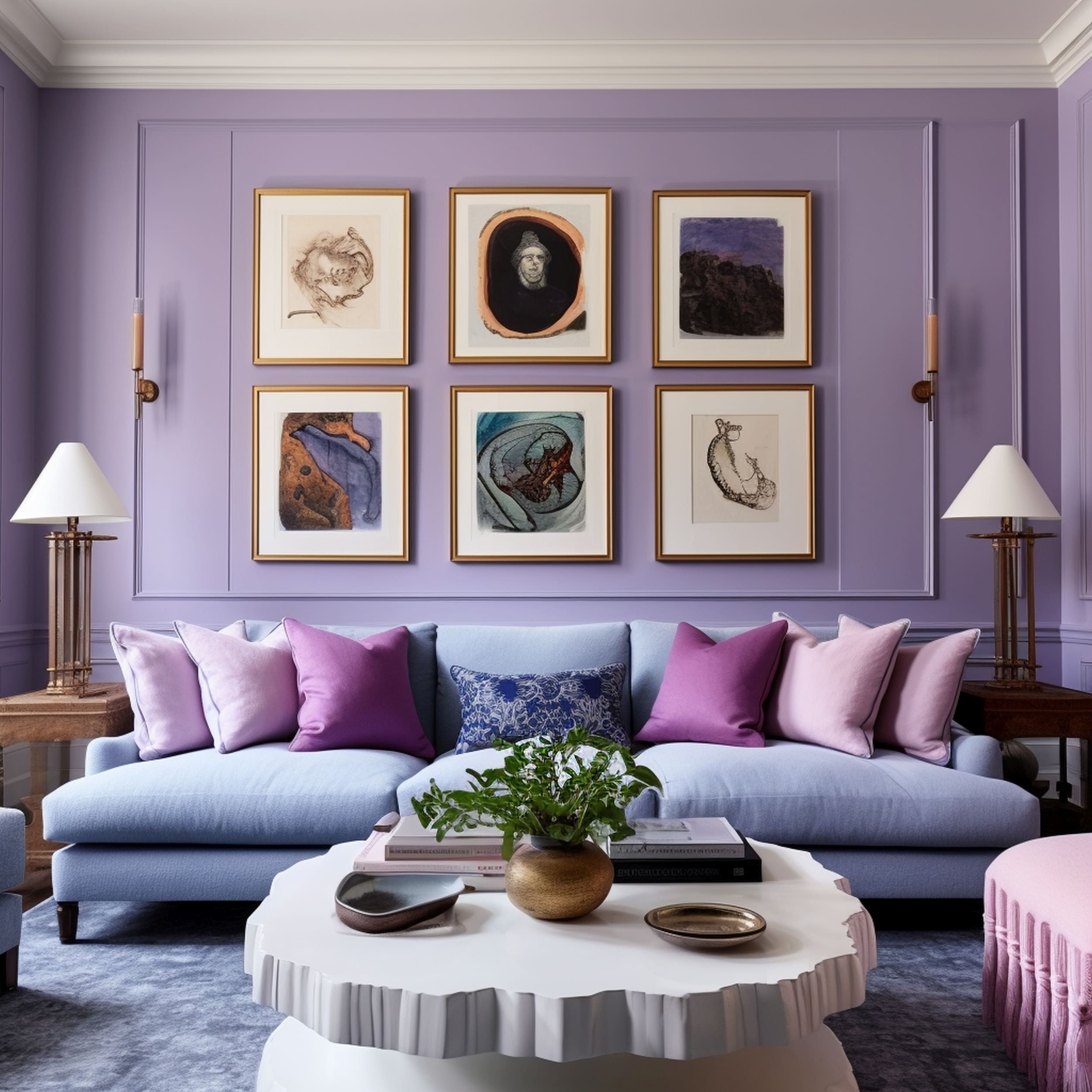 Eclectic Living Room With a Blue Couch and Gallery Wall Art Pieces on a Purple Wall