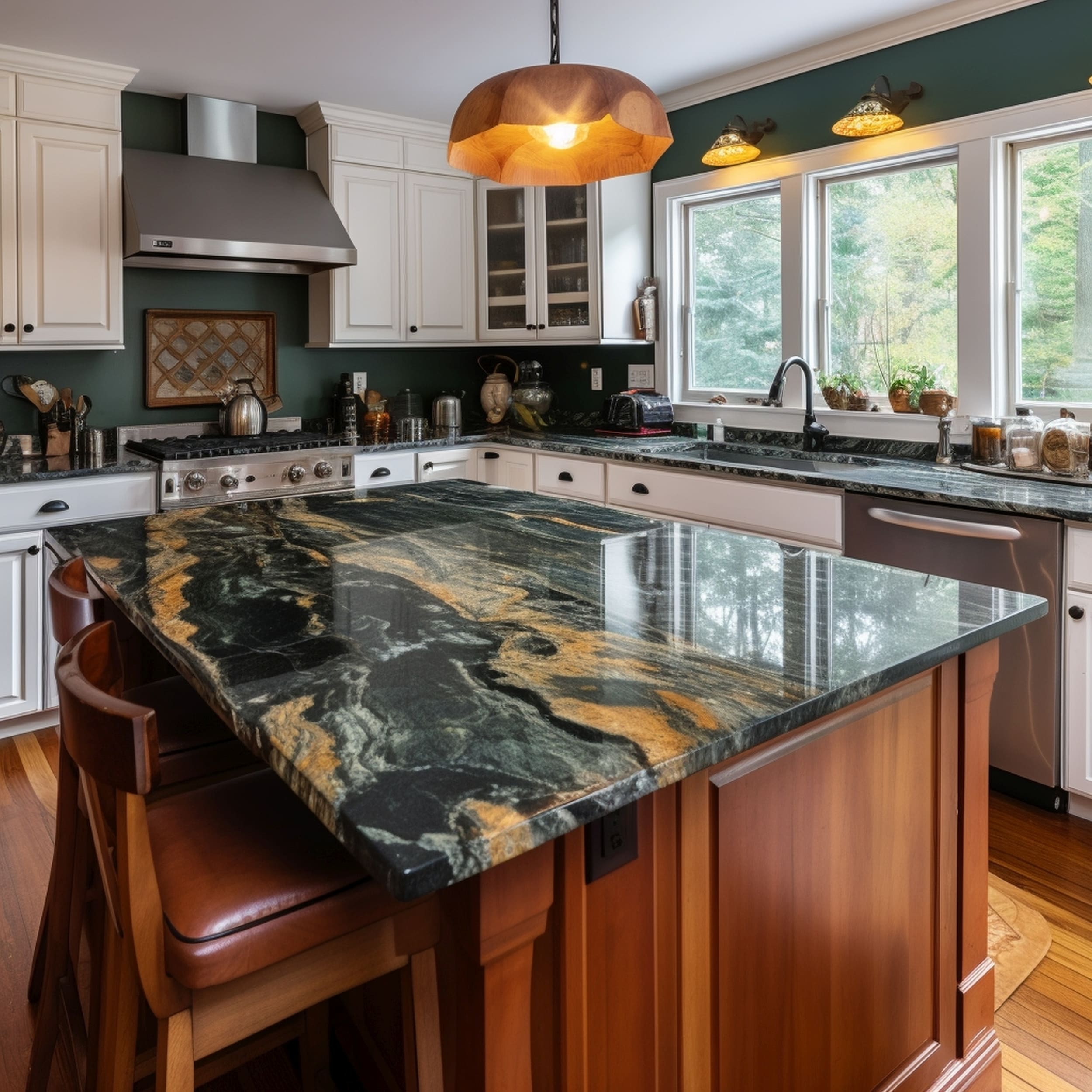 Kitchen With Green Granite Countertops Showing Unique Rusty Orange Veining