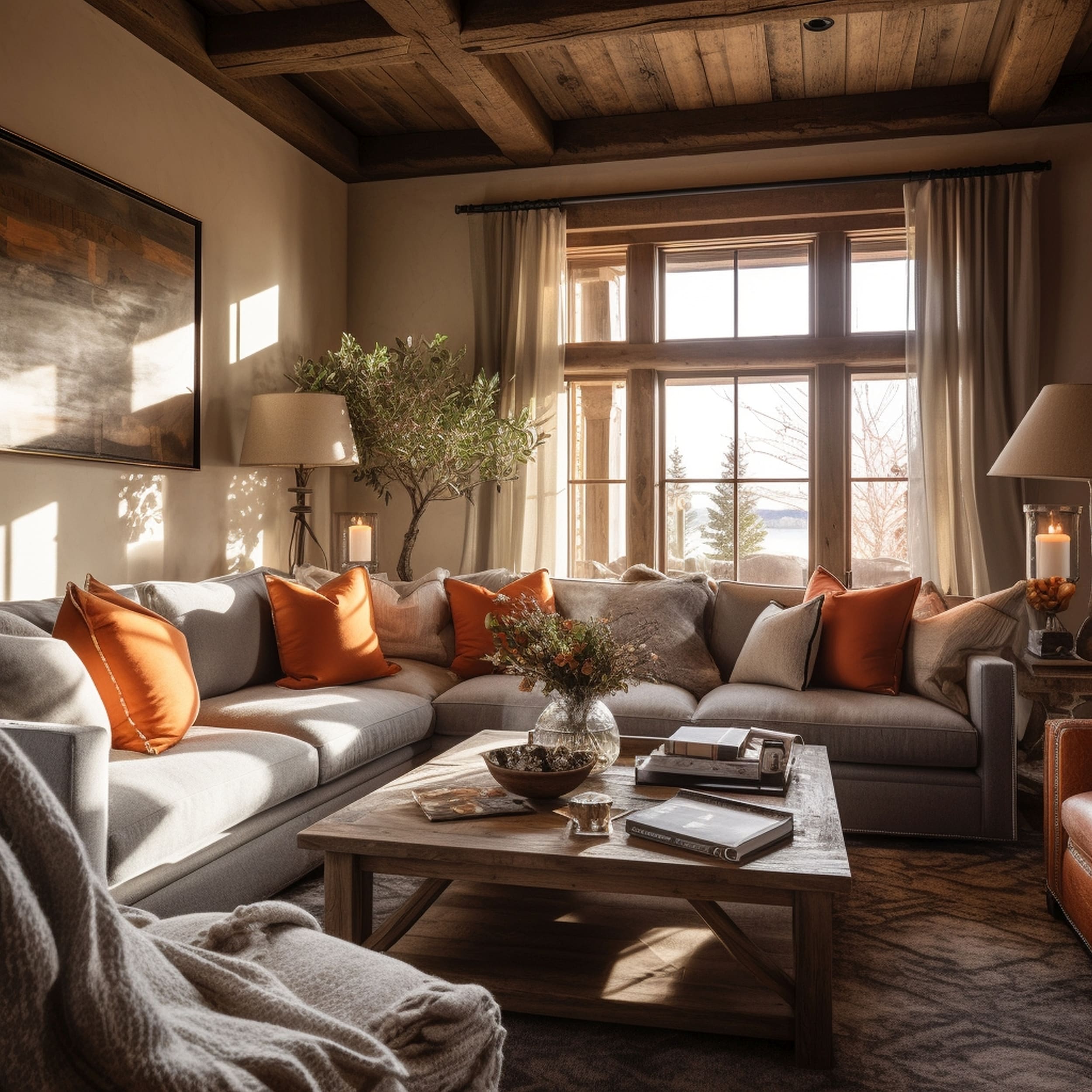 Rustic Living Room Featuring Gray Couch With Rusty Orange Throw Pillows