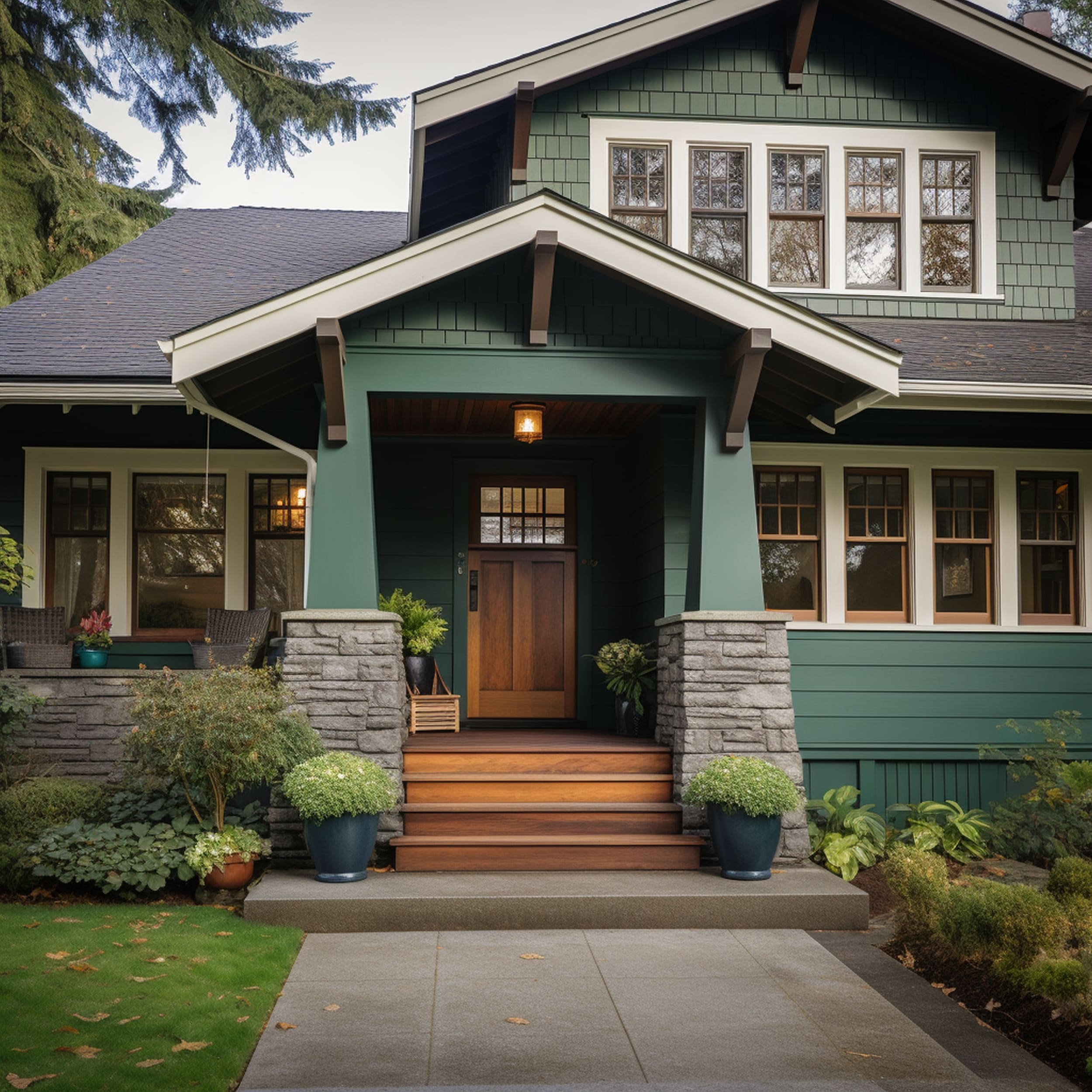 A Green House With A Wood Front Door