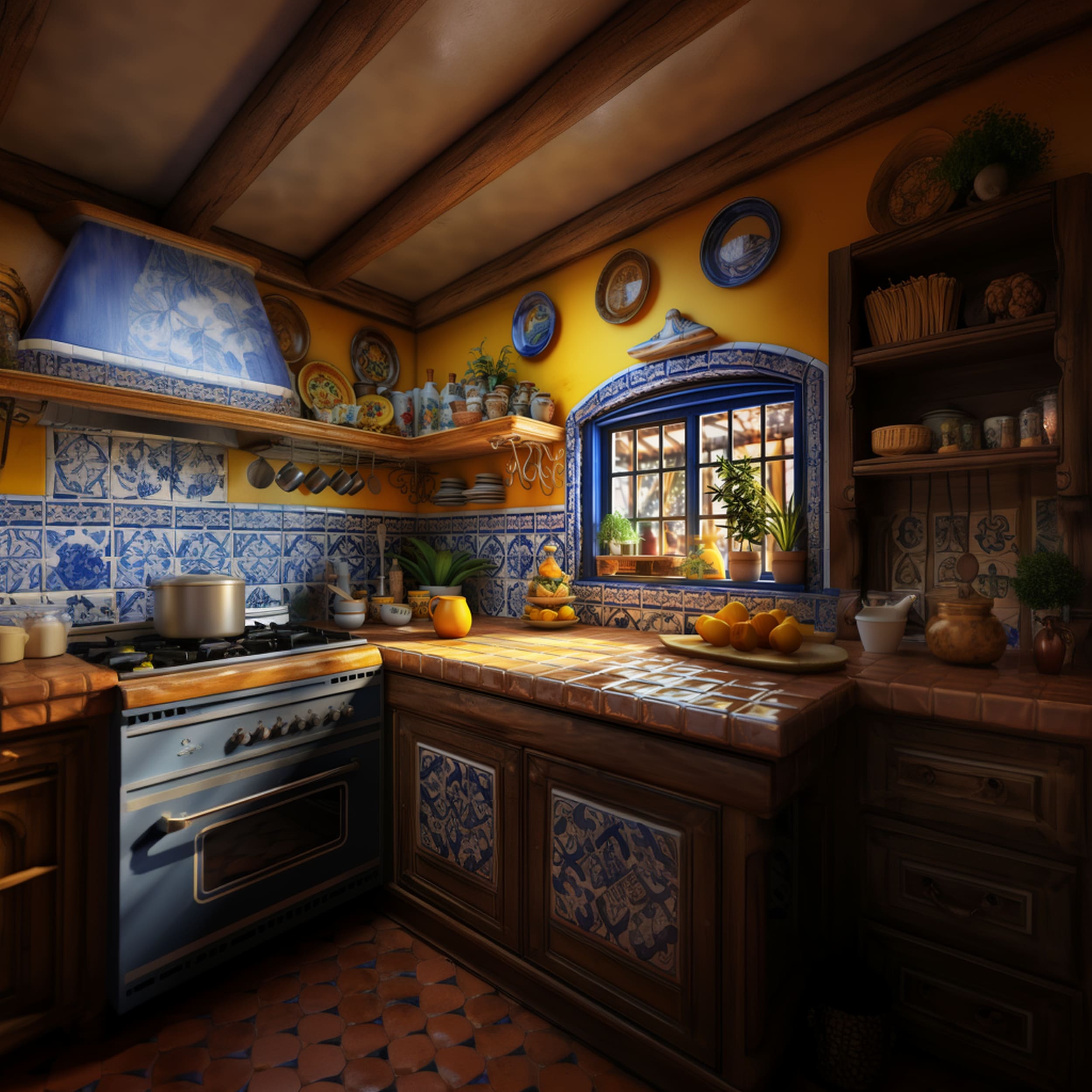 A Kitchen With a Tile Countertop and Colorful Backsplash