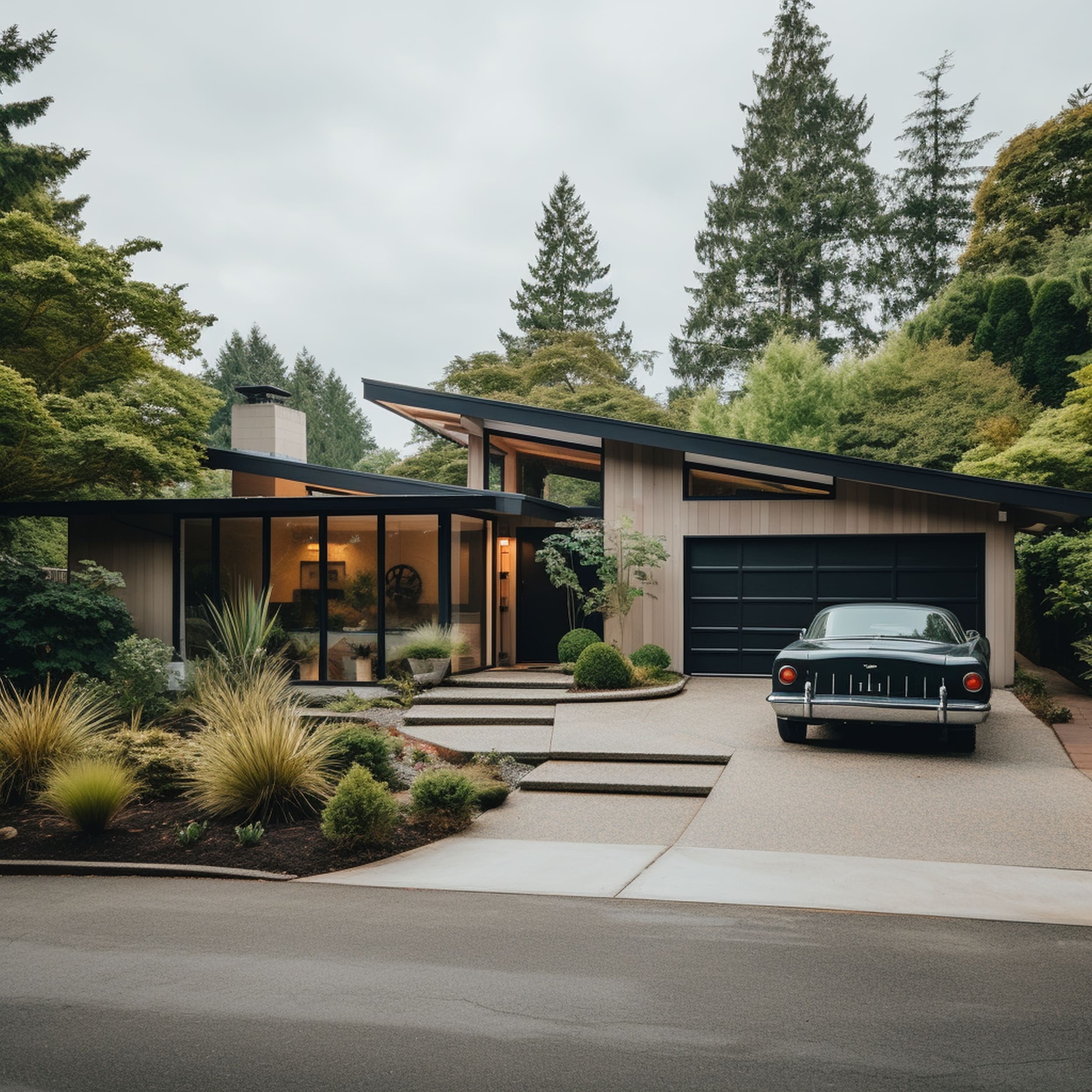 A Mid Century House With a Black Roof and Wood Exterior