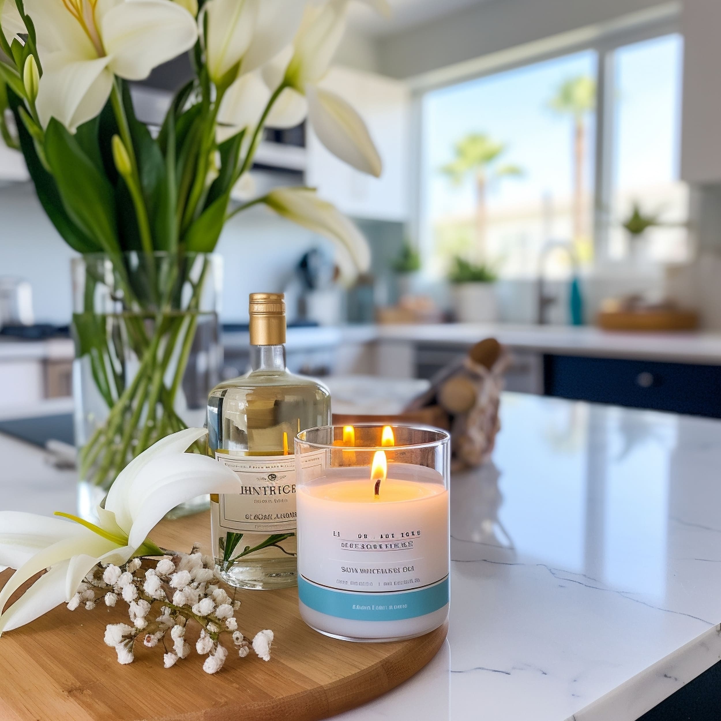 A Scented Candle on Kitchen Island With a Marble Countertop
