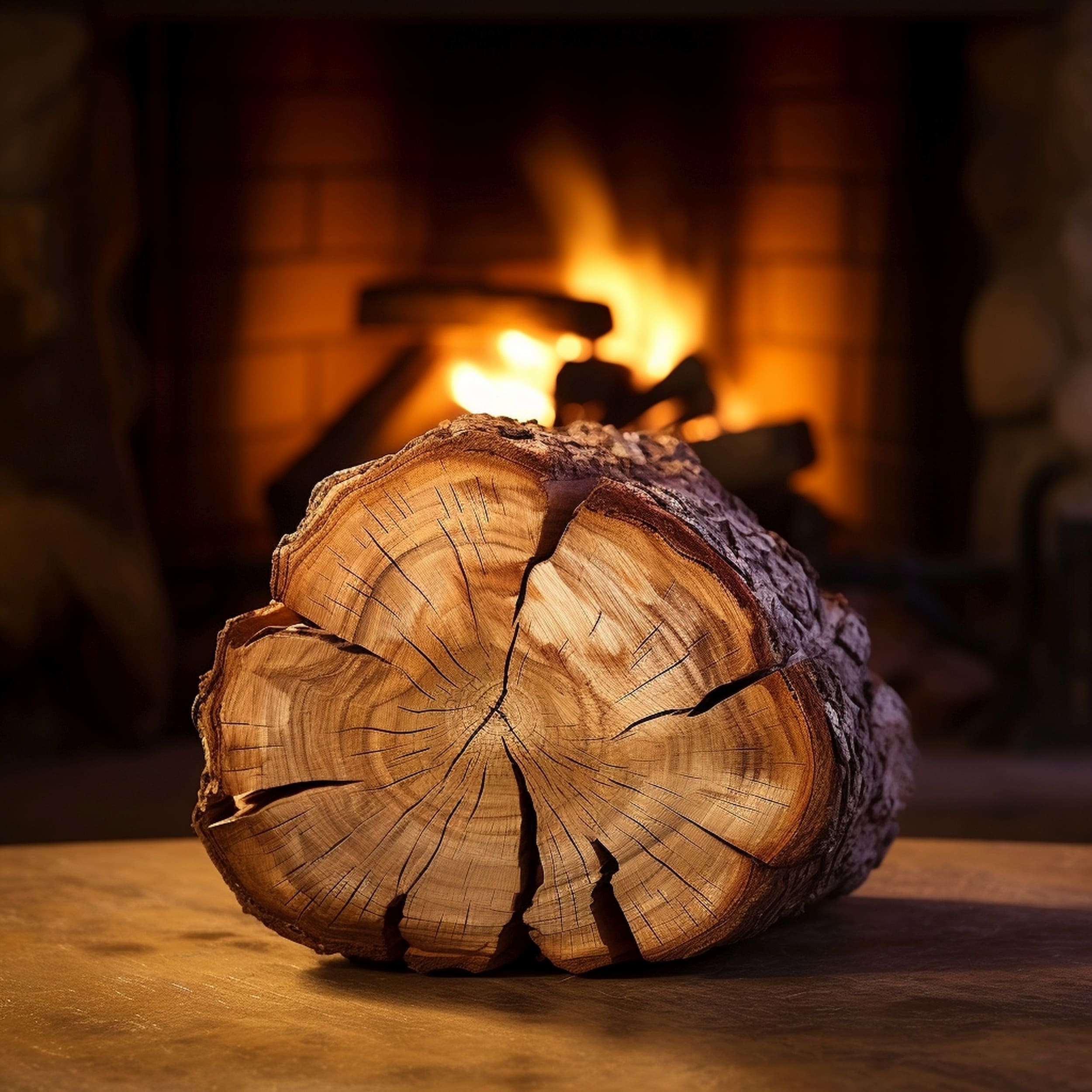 Apple Tree Log Sitting in Front of a Fireplace