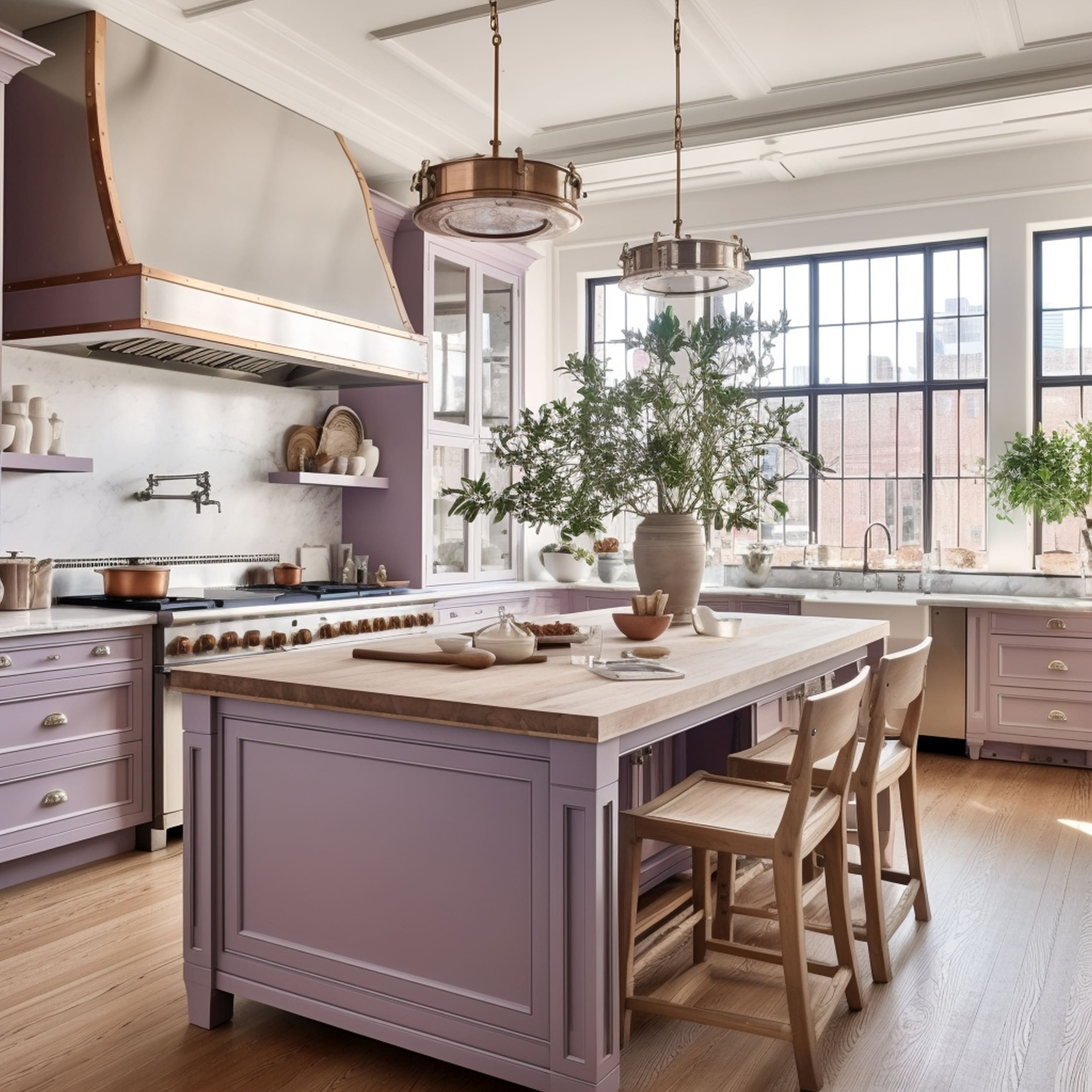 Cozy Kitchen With a Pastel Purple Kitchen Island And Matching Cabinets