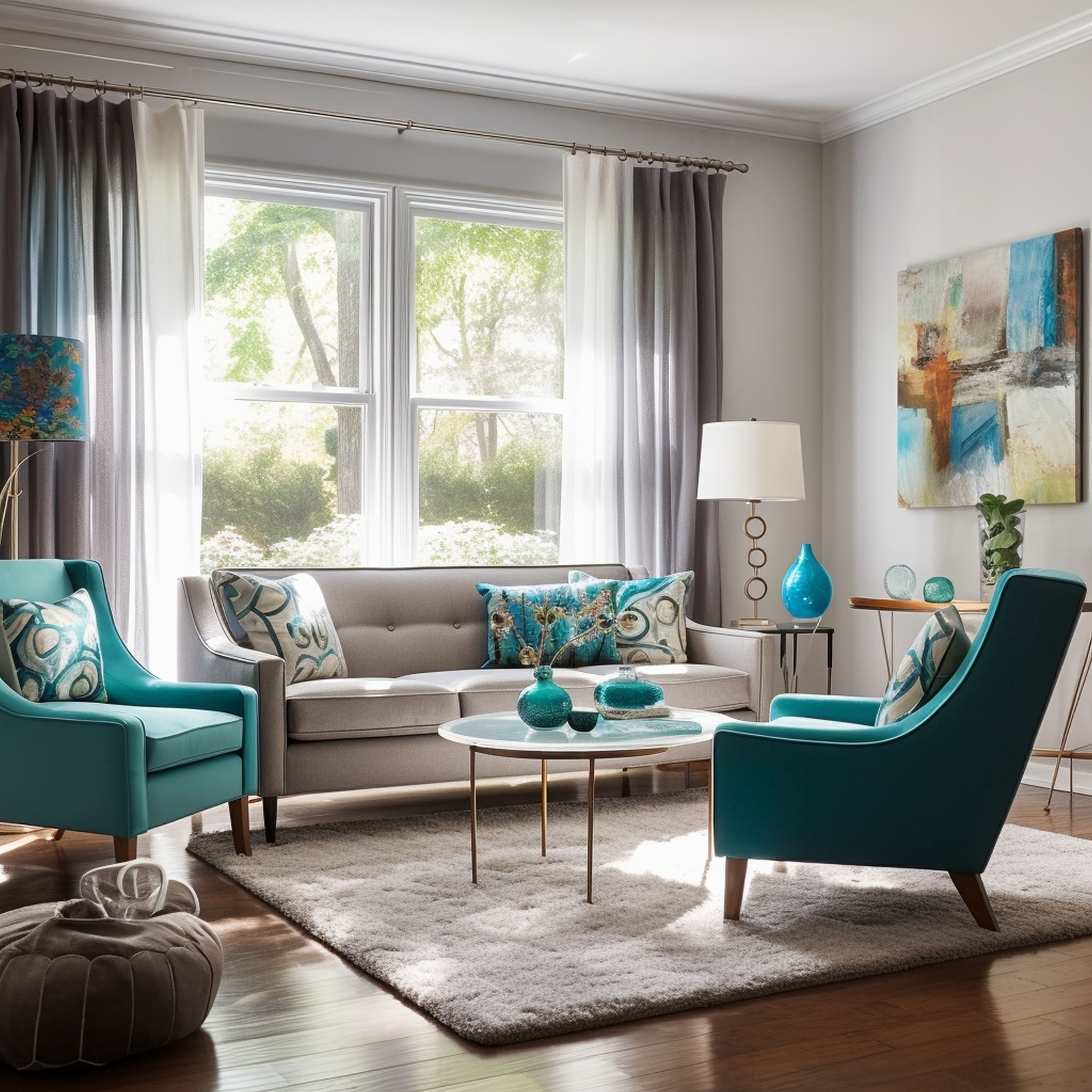 Living Room Featuring Gray Couch With Turquoise Throw Pillows and Matching Chairs