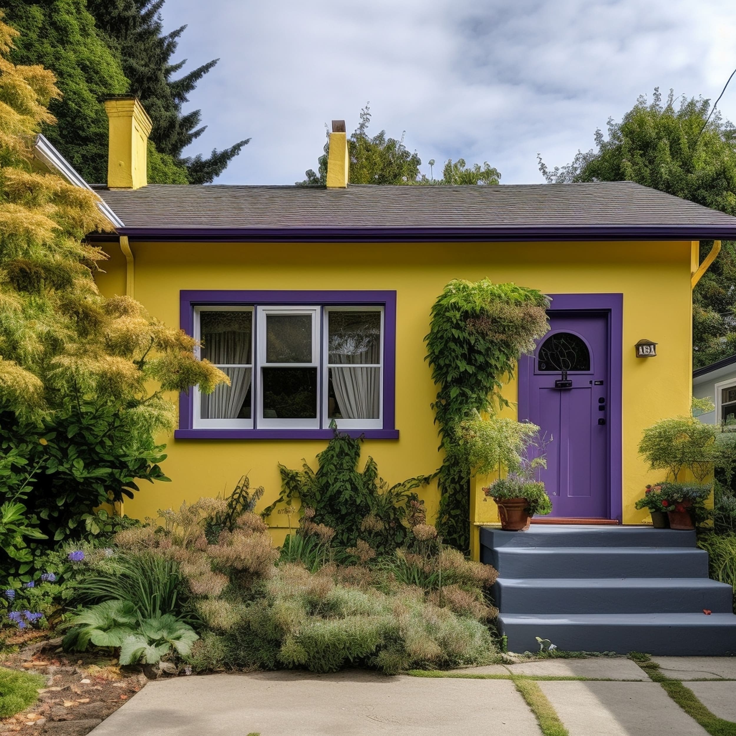 Small House Painted Yellow with a Purple Front Door