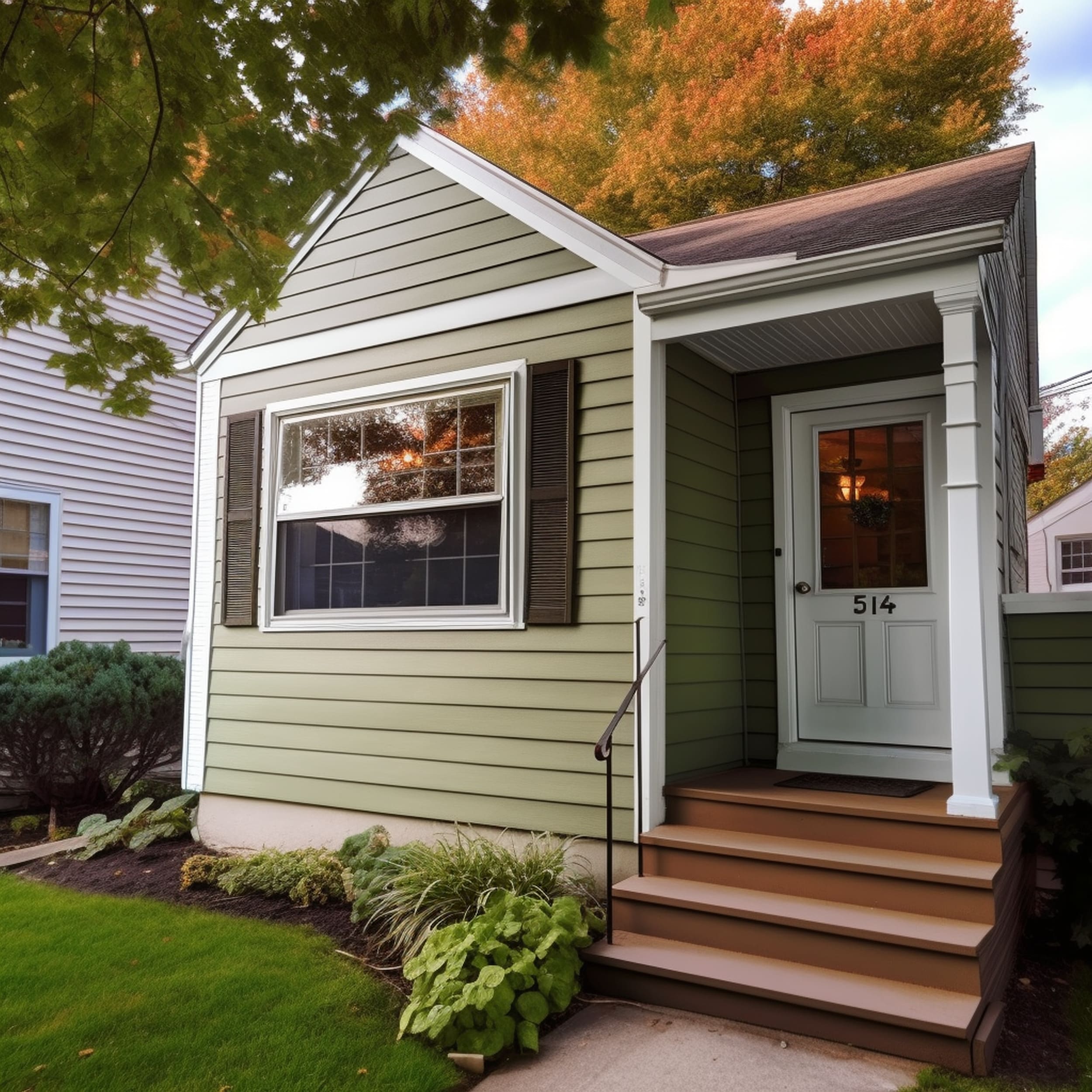 A Green House With a White Front Door