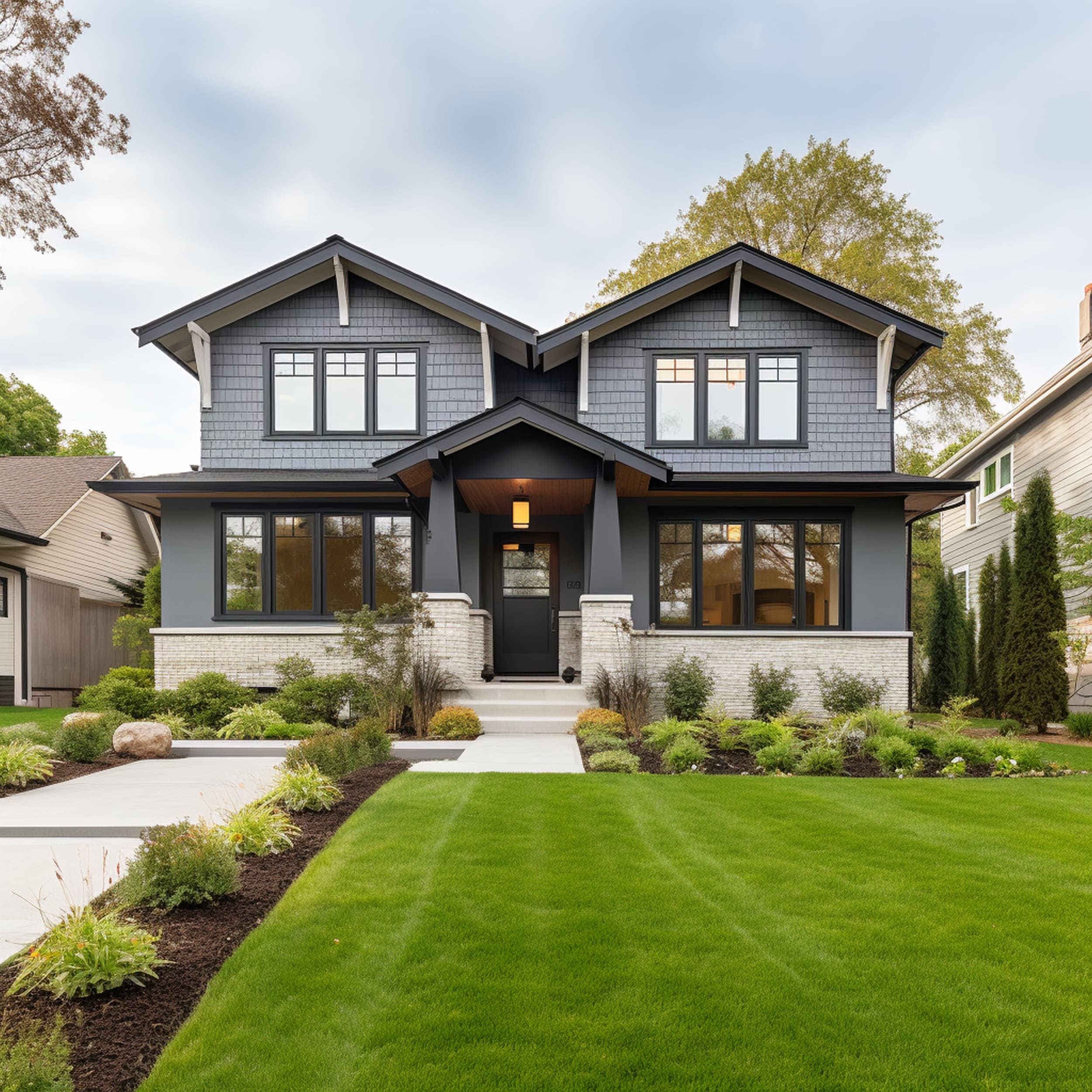 A Large House With a Black Roof and Light Gray Exterior