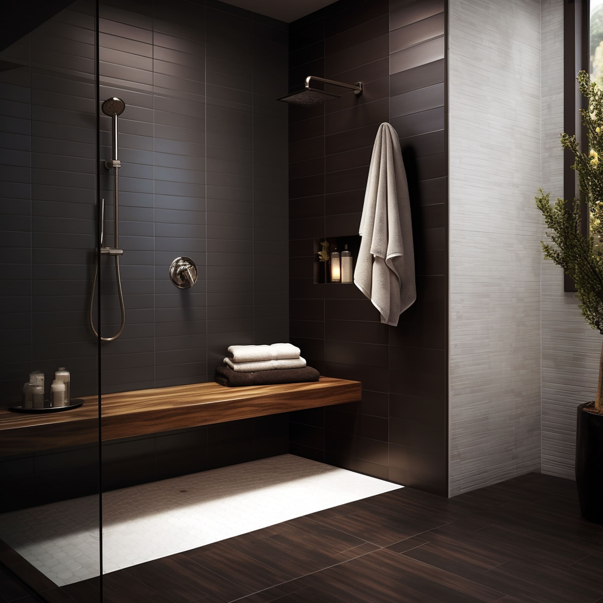 A Modern Shower With a Floating Bench And Contrasting Colors