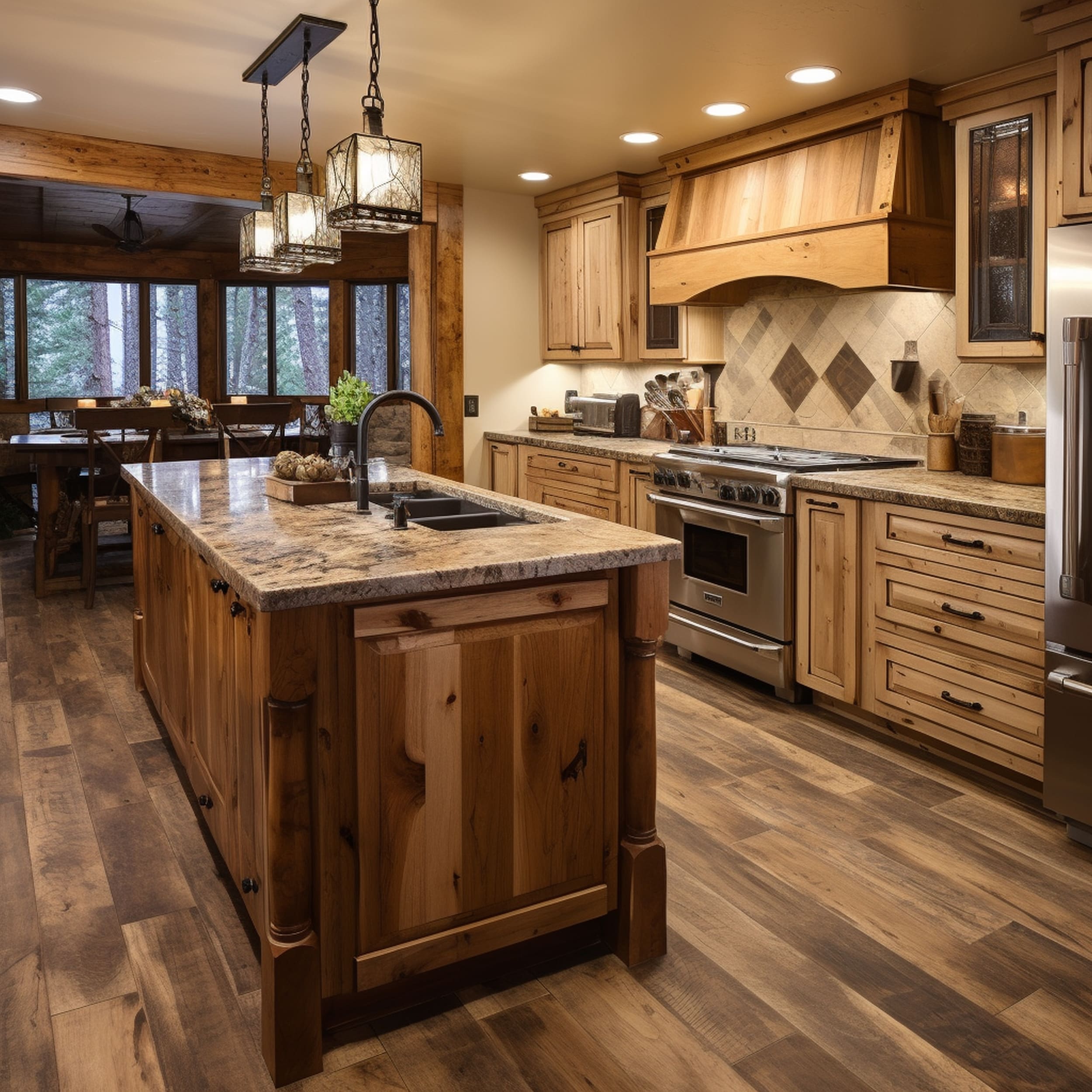 A Rustic Kitchen With Beige Countertops and Patterned Backsplash