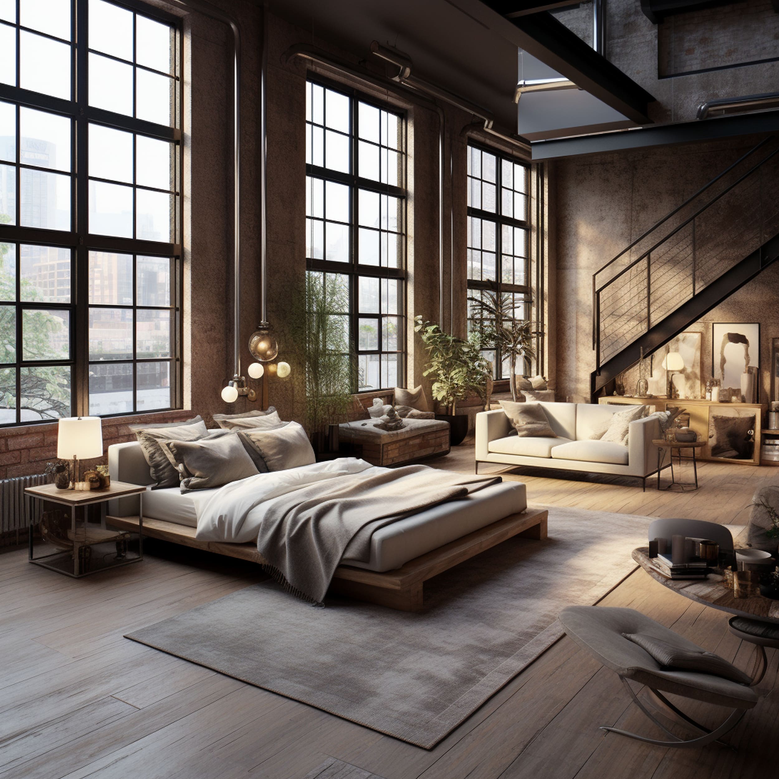 A Spacious Industrial Bedroom With a Beige Couch