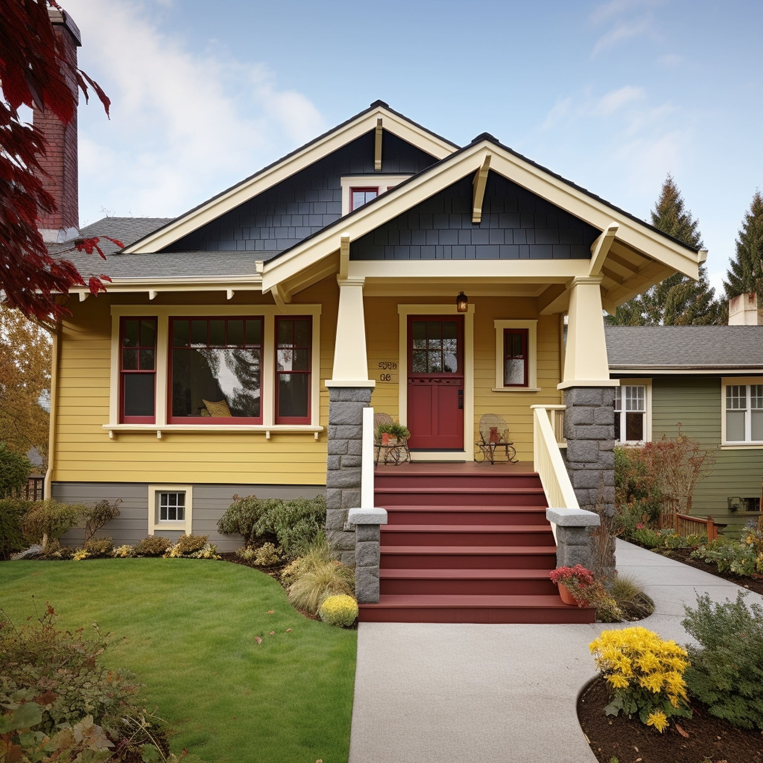 Modern House With Yellow Siding and a Wine Red Front Door