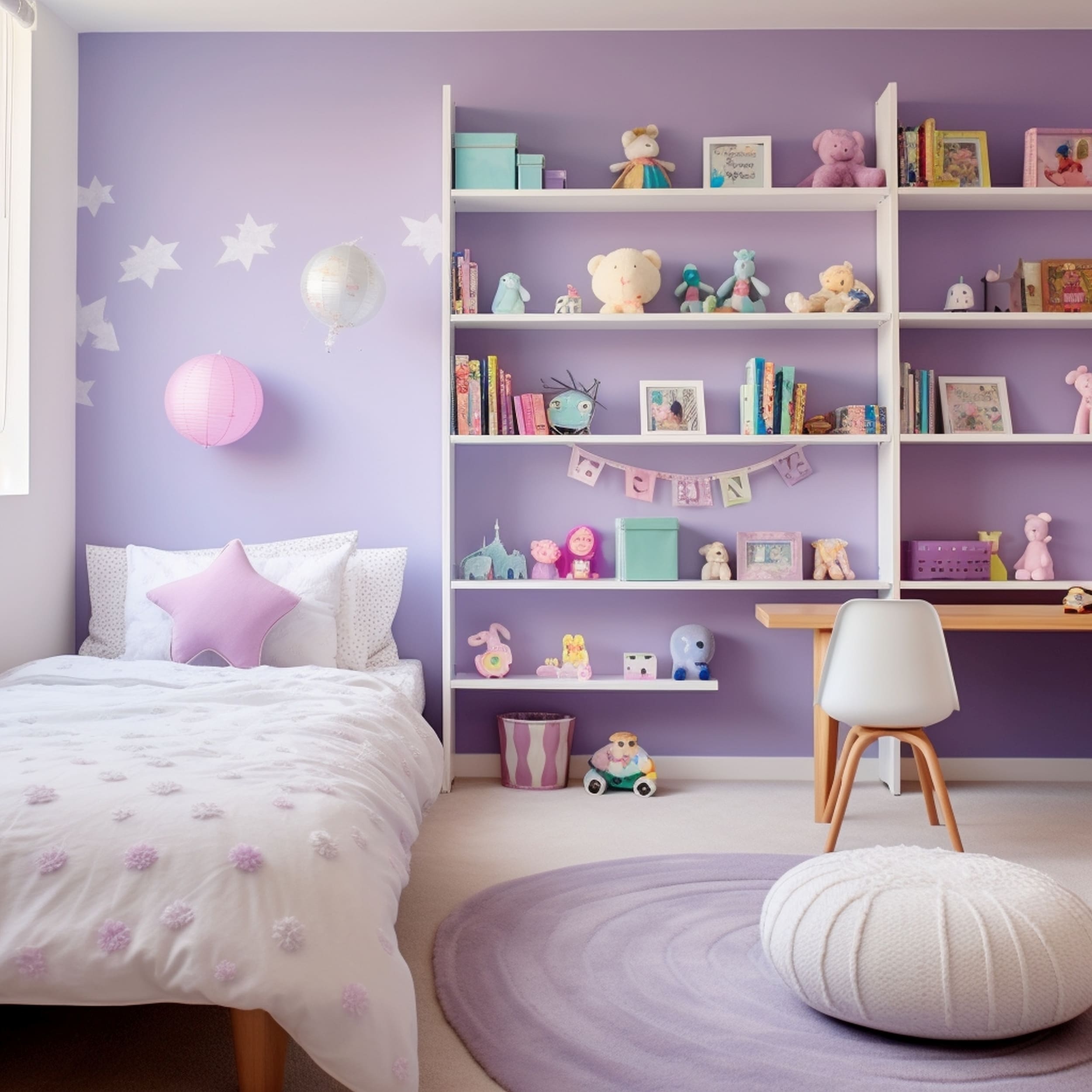 Purple Kids Bedroom With White Decals and Open Shelves 
