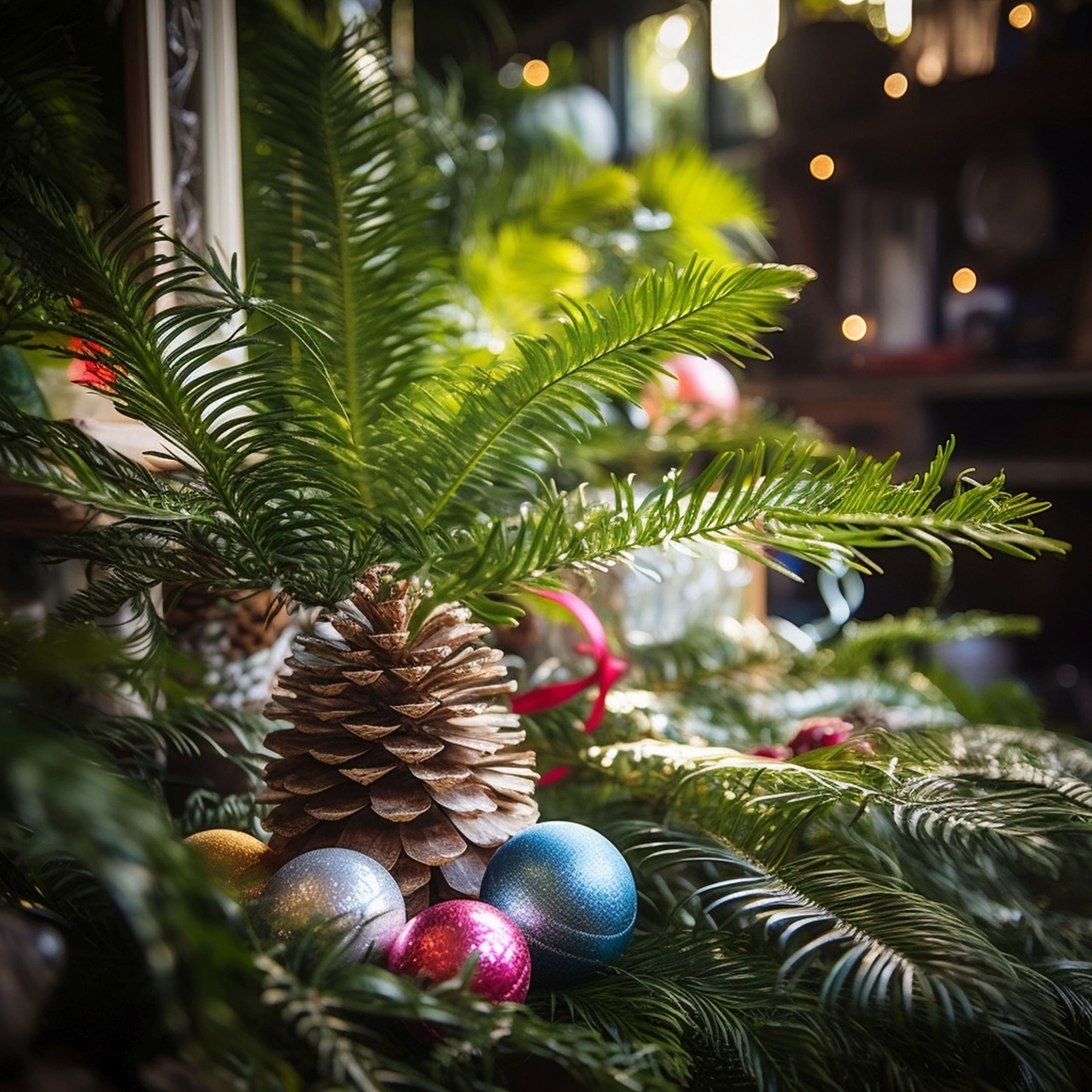 Small Norfolk Island Pine Surrounded By Christmas Decorations