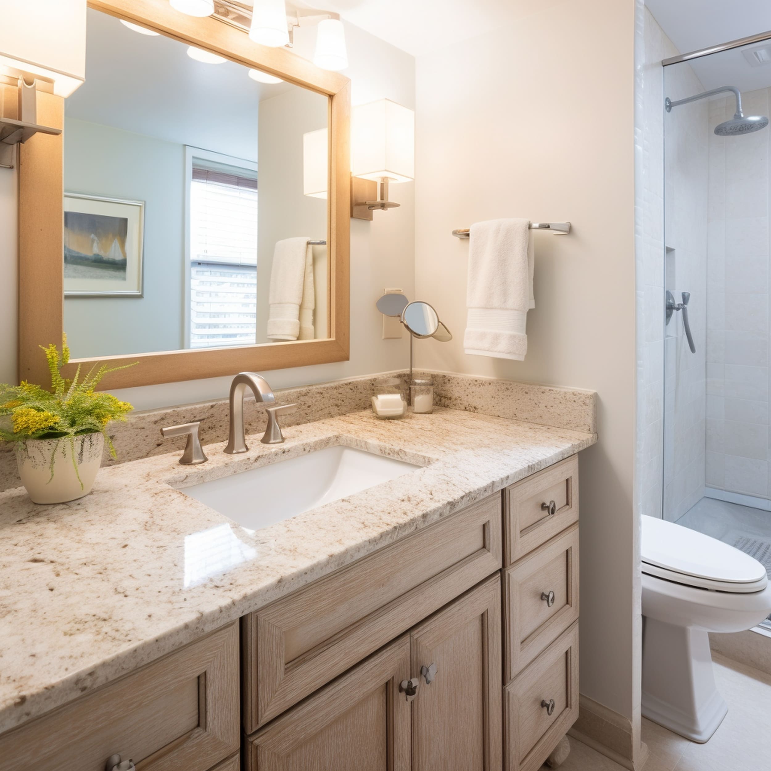 A Bathroom With a Beige Countertop and Wood Vanity Cabinets