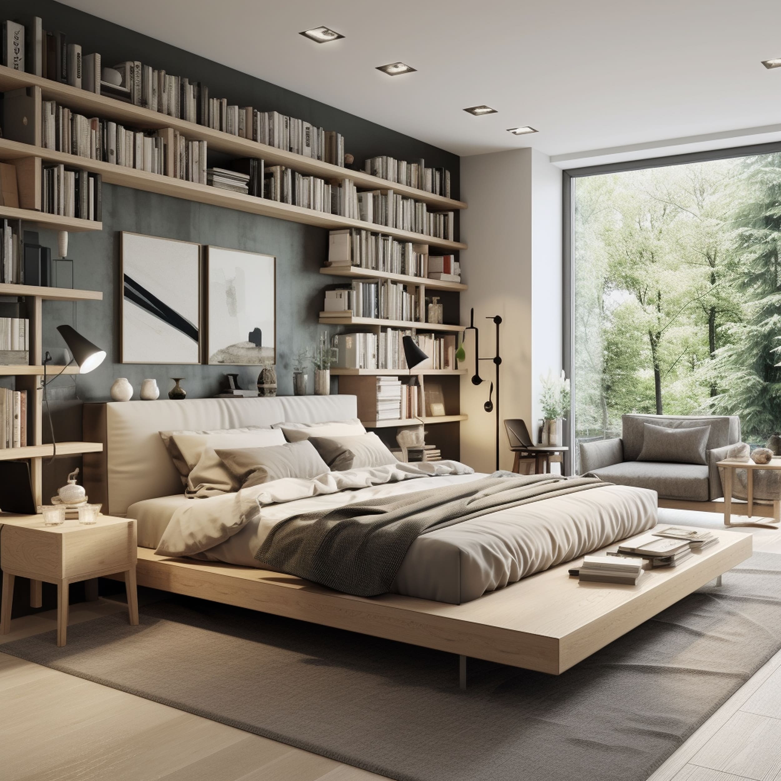 A Bedroom With a Gray Couch and Large Bookcase
