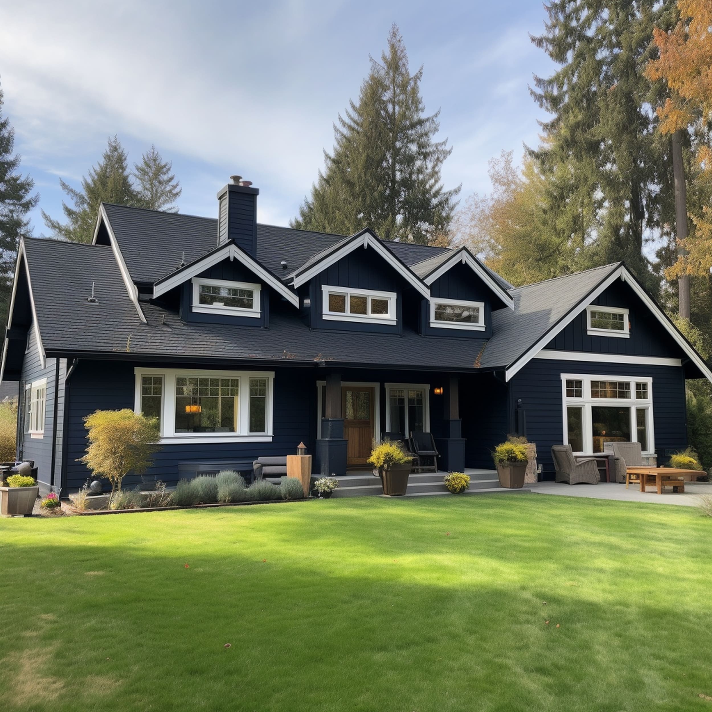 A Large House With a Black Roof and Navy Blue Exterior